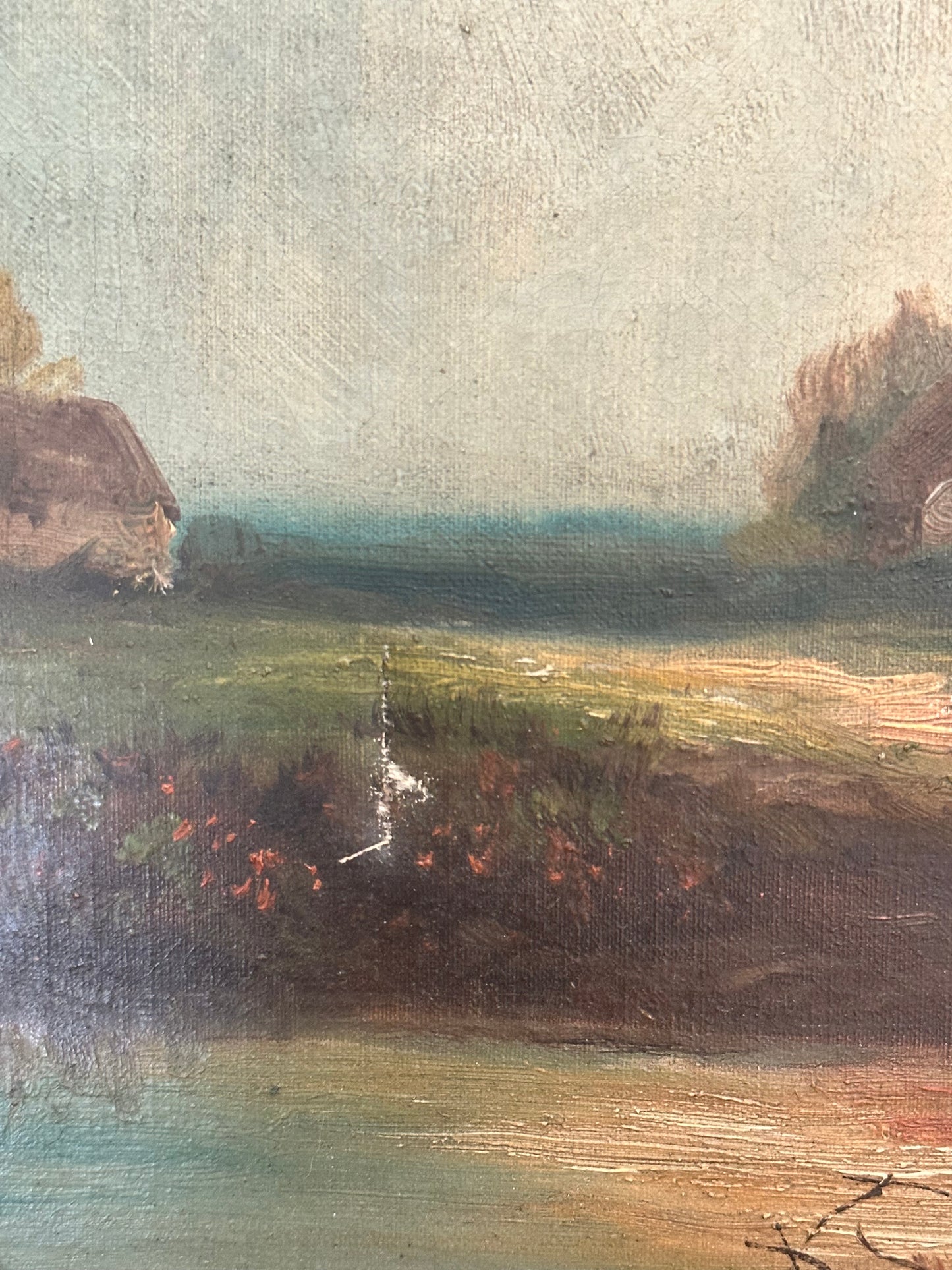 Antique European Pastoral Landscape Oil Painting in Ornate Gilt Frame
