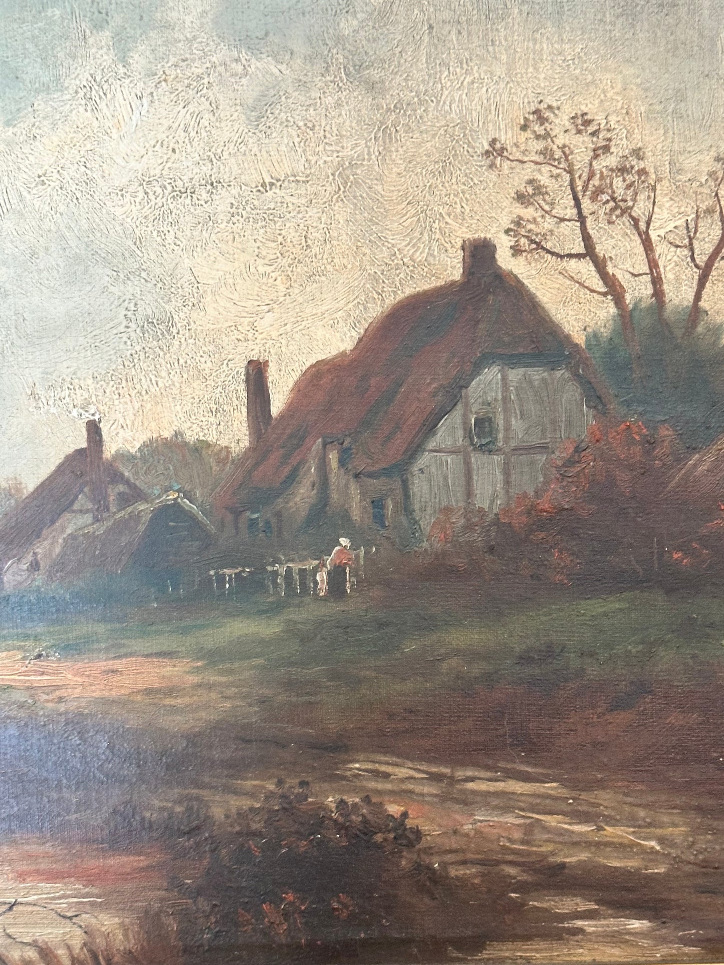 Antique European Pastoral Landscape Oil Painting in Ornate Gilt Frame