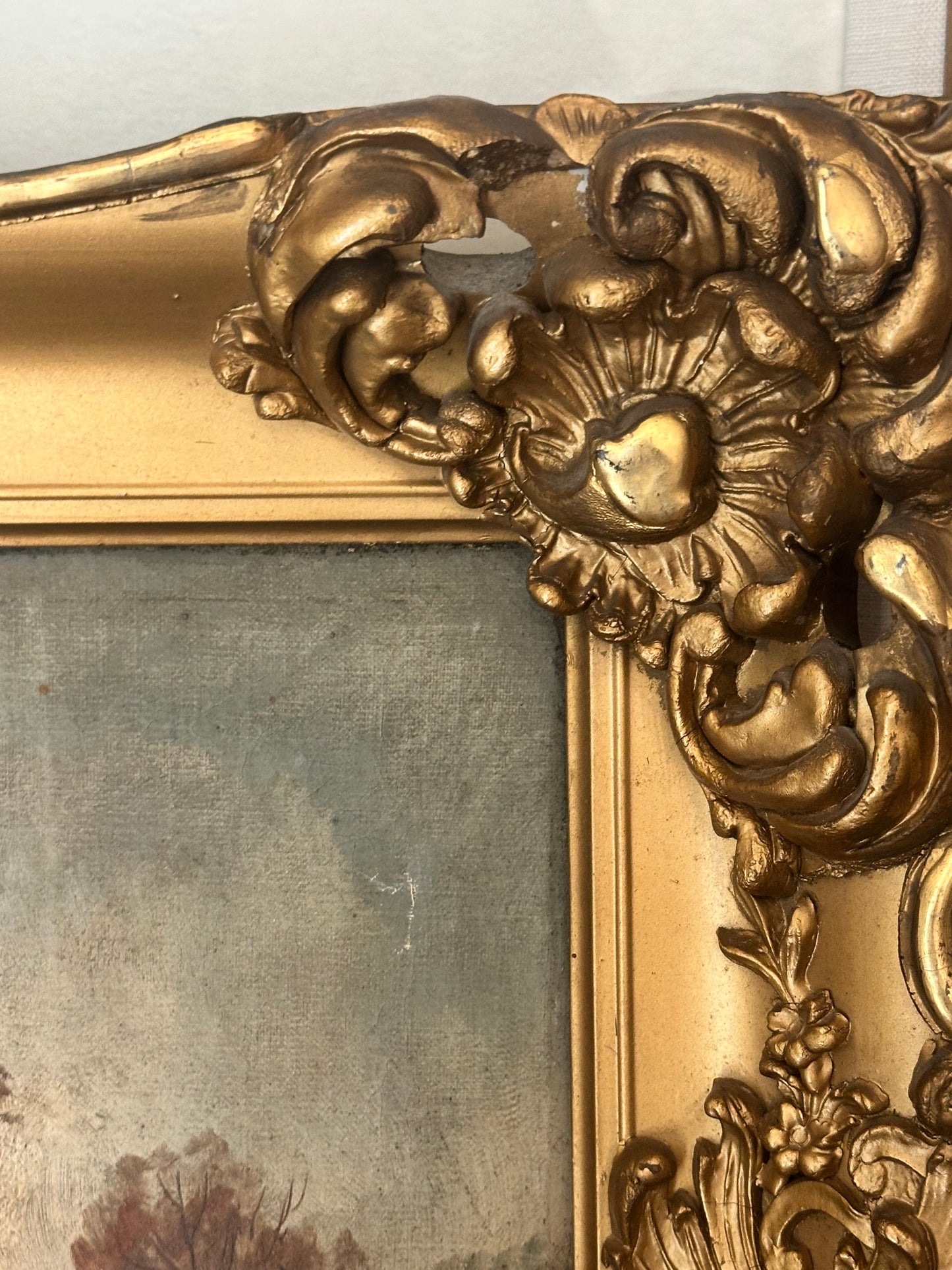 Antique European Pastoral Landscape Oil Painting in Ornate Gilt Frame
