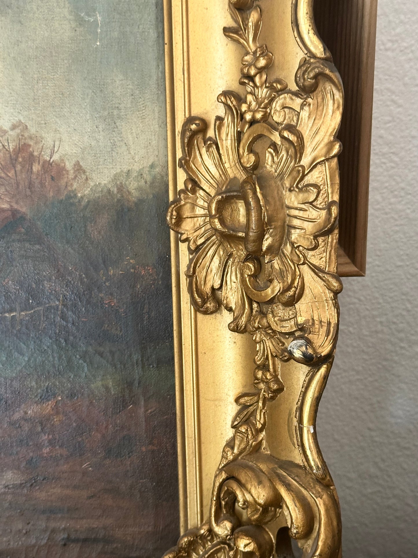 Antique European Pastoral Landscape Oil Painting in Ornate Gilt Frame