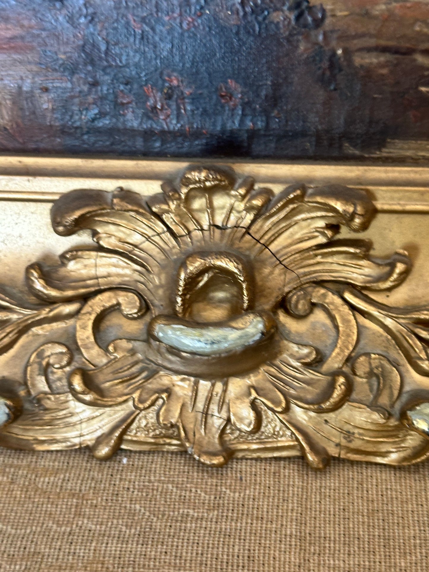 Antique European Pastoral Landscape Oil Painting in Ornate Gilt Frame