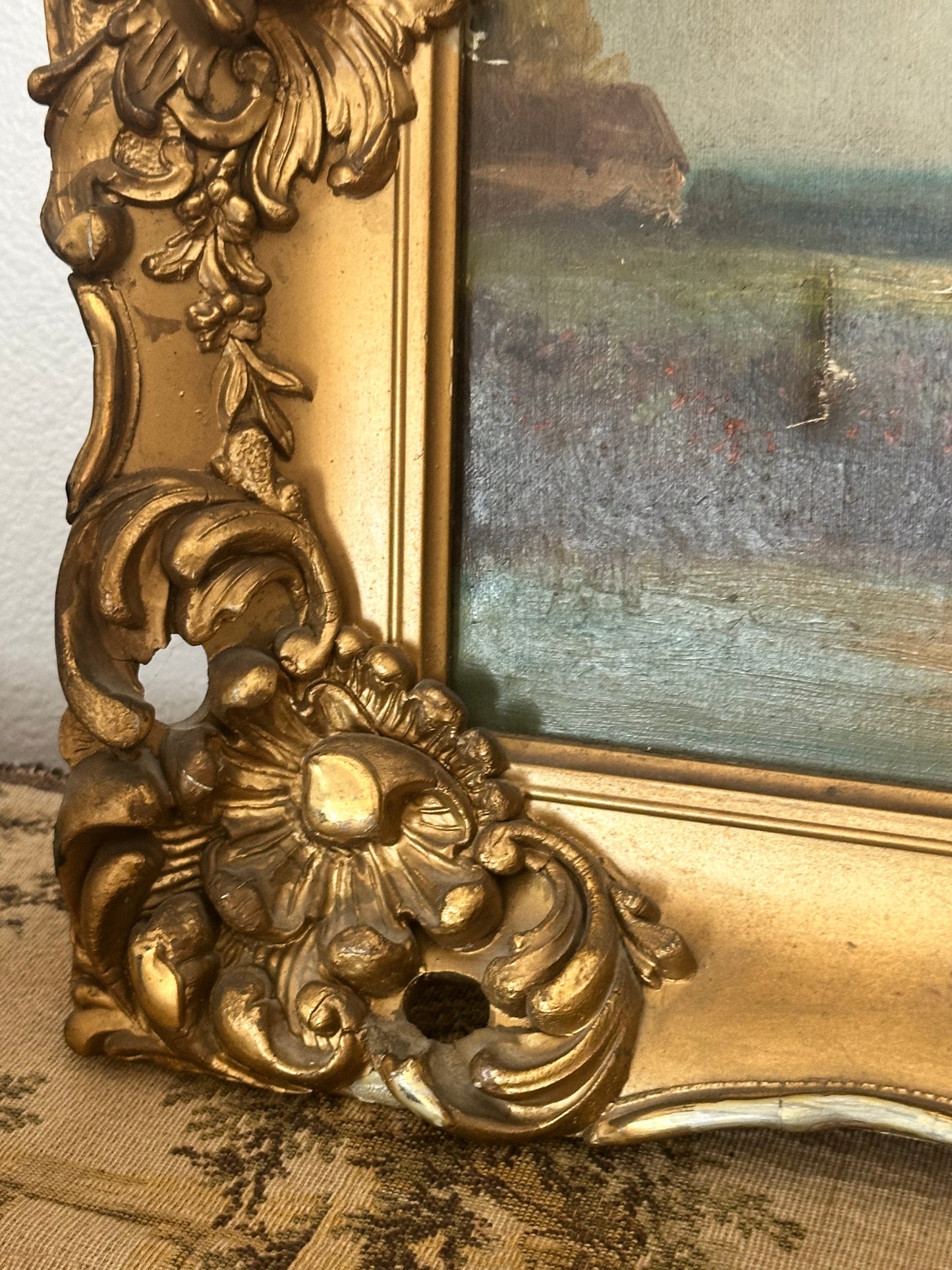 Antique European Pastoral Landscape Oil Painting in Ornate Gilt Frame