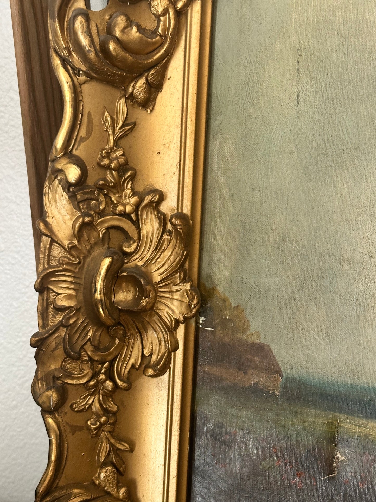Antique European Pastoral Landscape Oil Painting in Ornate Gilt Frame