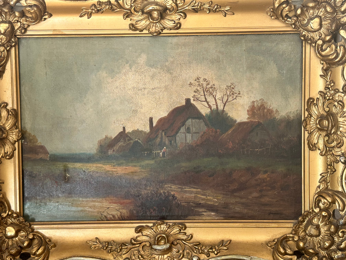Antique European Pastoral Landscape Oil Painting in Ornate Gilt Frame