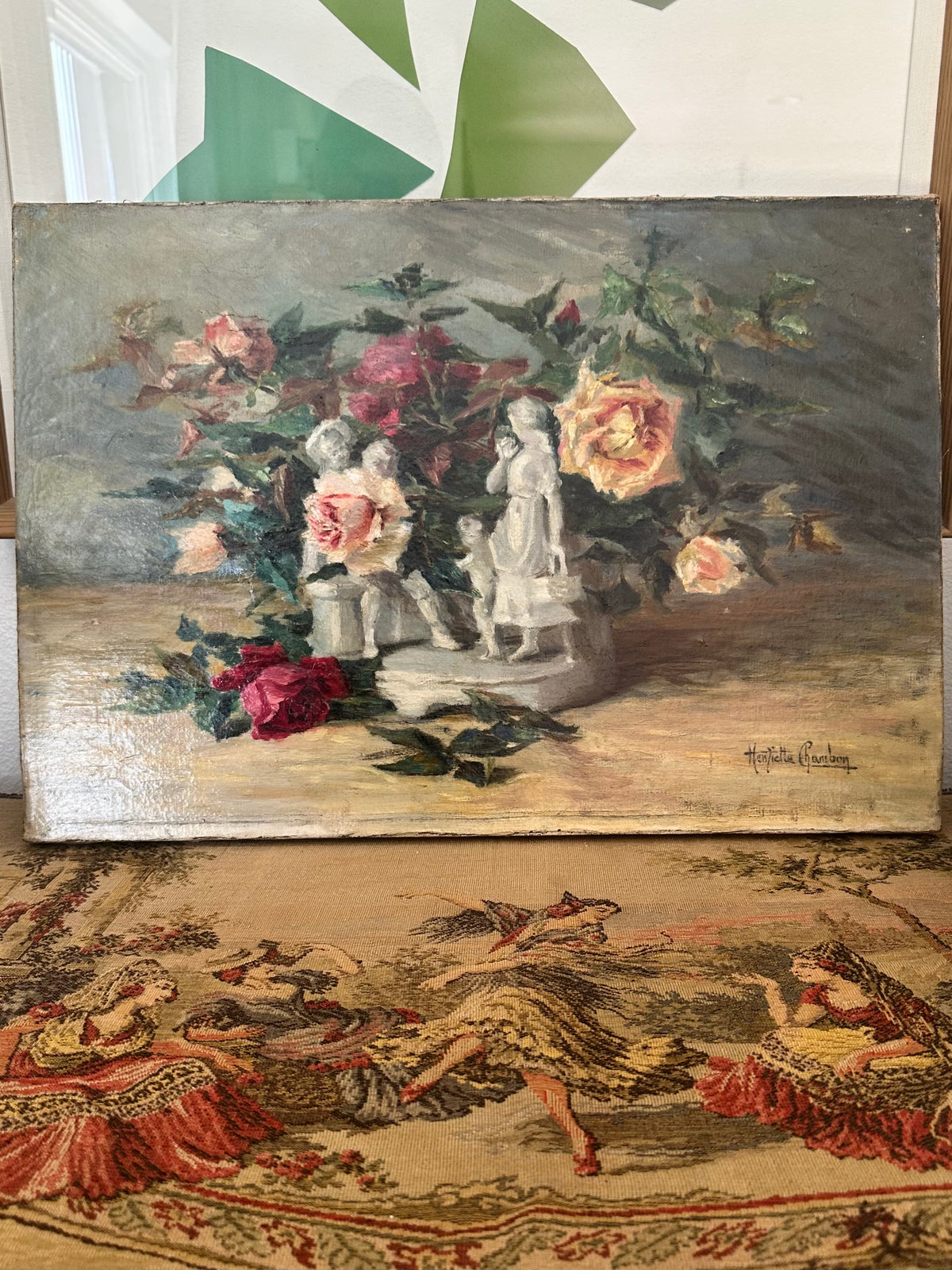 Antique French Floral Still Life Oil Painting with Classical Figures Signed