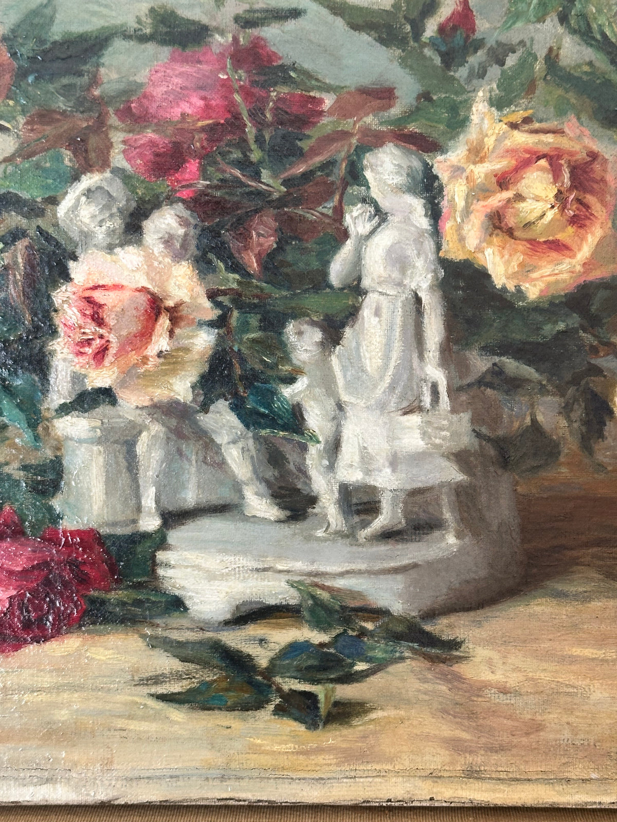 Antique French Floral Still Life Oil Painting with Classical Figures Signed