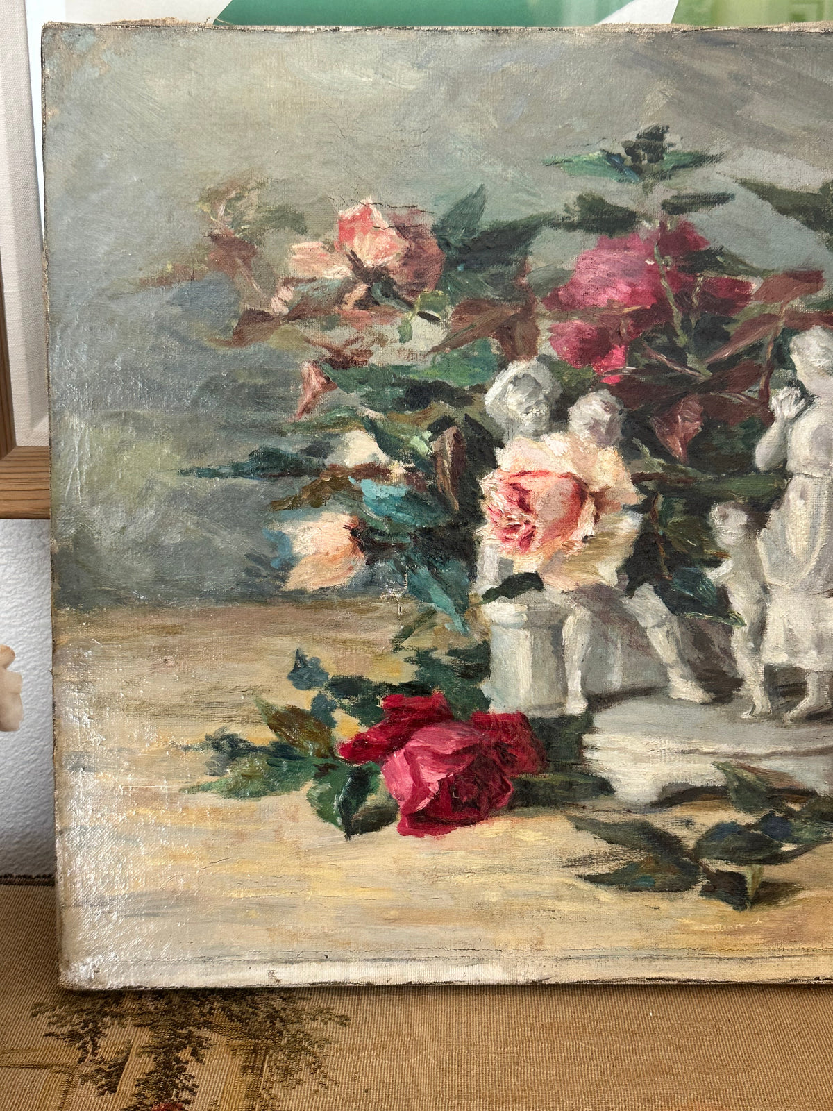 Antique French Floral Still Life Oil Painting with Classical Figures Signed