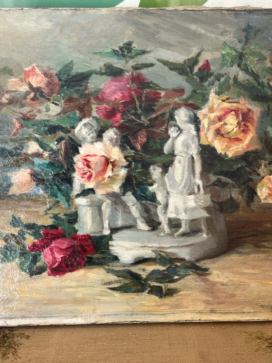 Antique French Floral Still Life Oil Painting with Classical Figures Signed