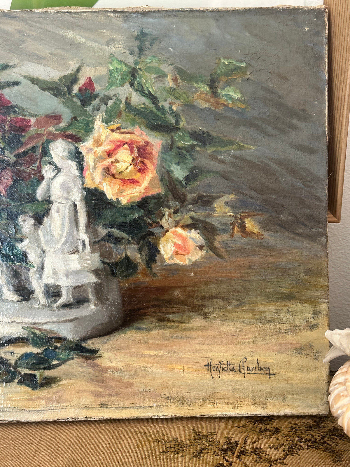Antique French Floral Still Life Oil Painting with Classical Figures Signed