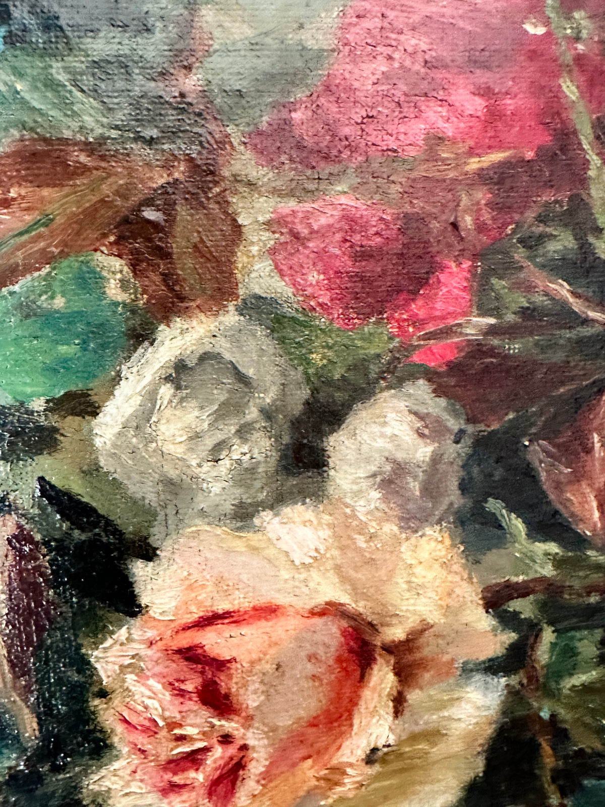 Antique French Floral Still Life Oil Painting with Classical Figures Signed