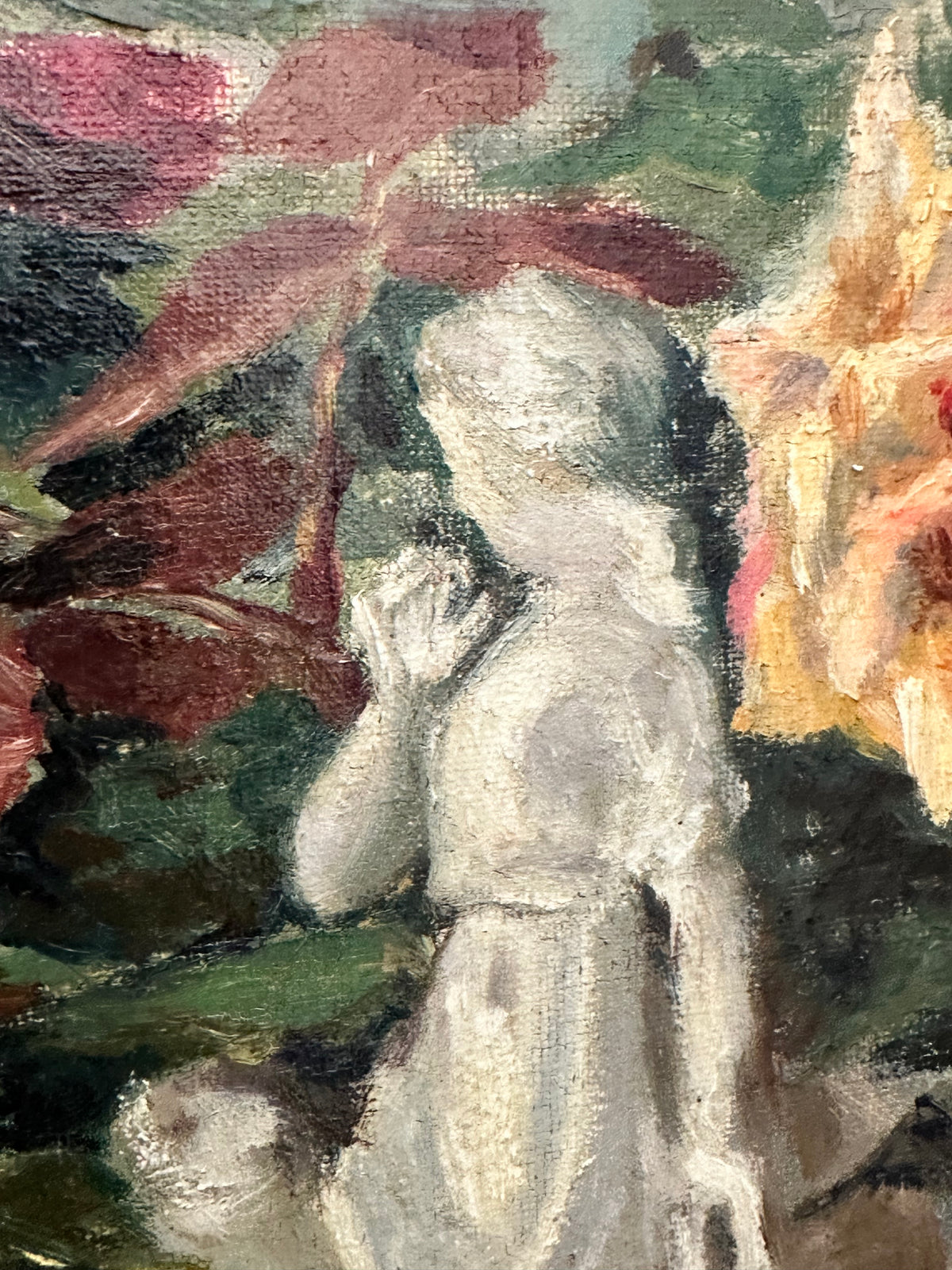 Antique French Floral Still Life Oil Painting with Classical Figures Signed