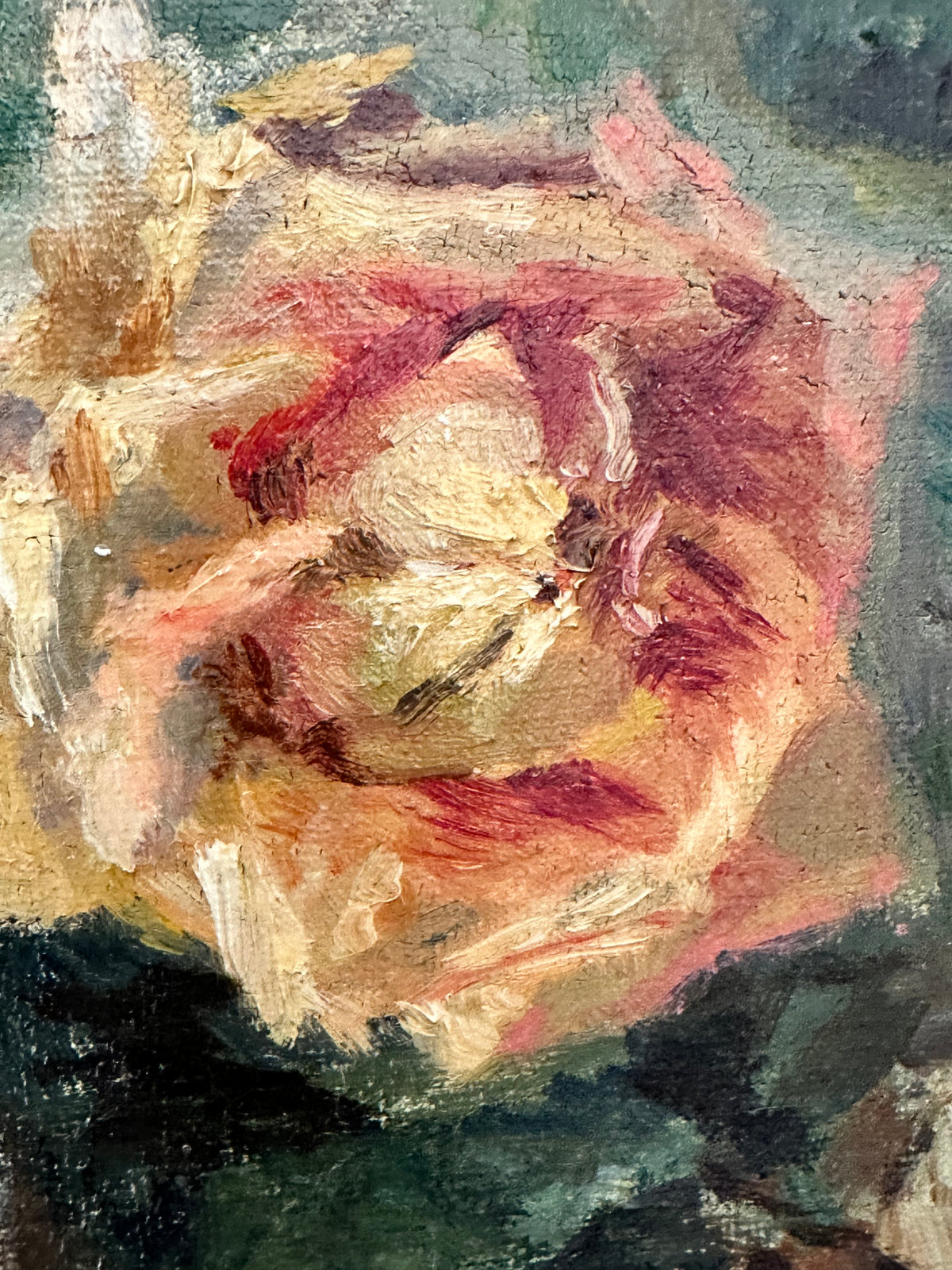 Antique French Floral Still Life Oil Painting with Classical Figures Signed