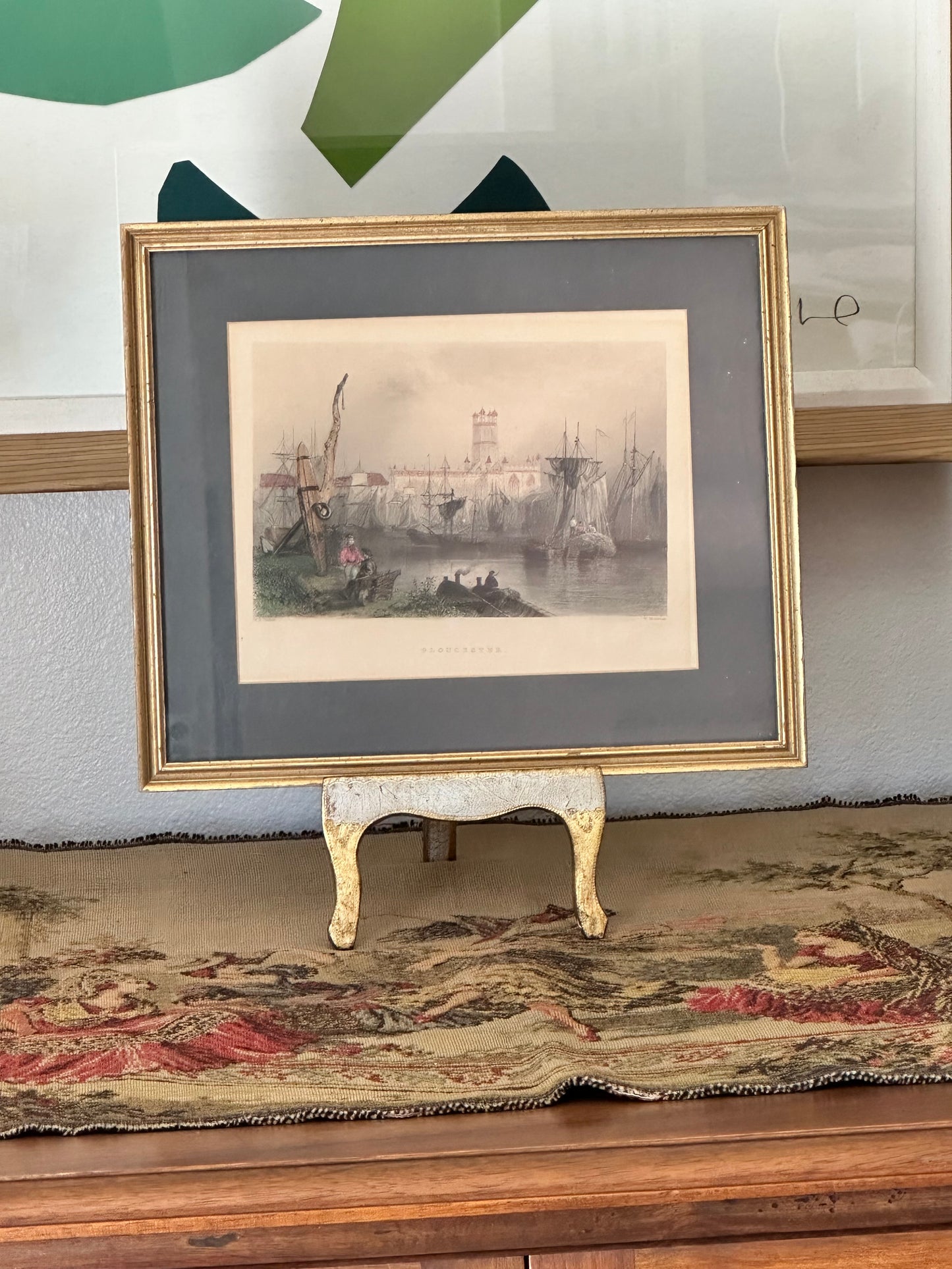 Antique Hand Colored Gloucester Engraving Pink Tones Blue Mat Bartlett
