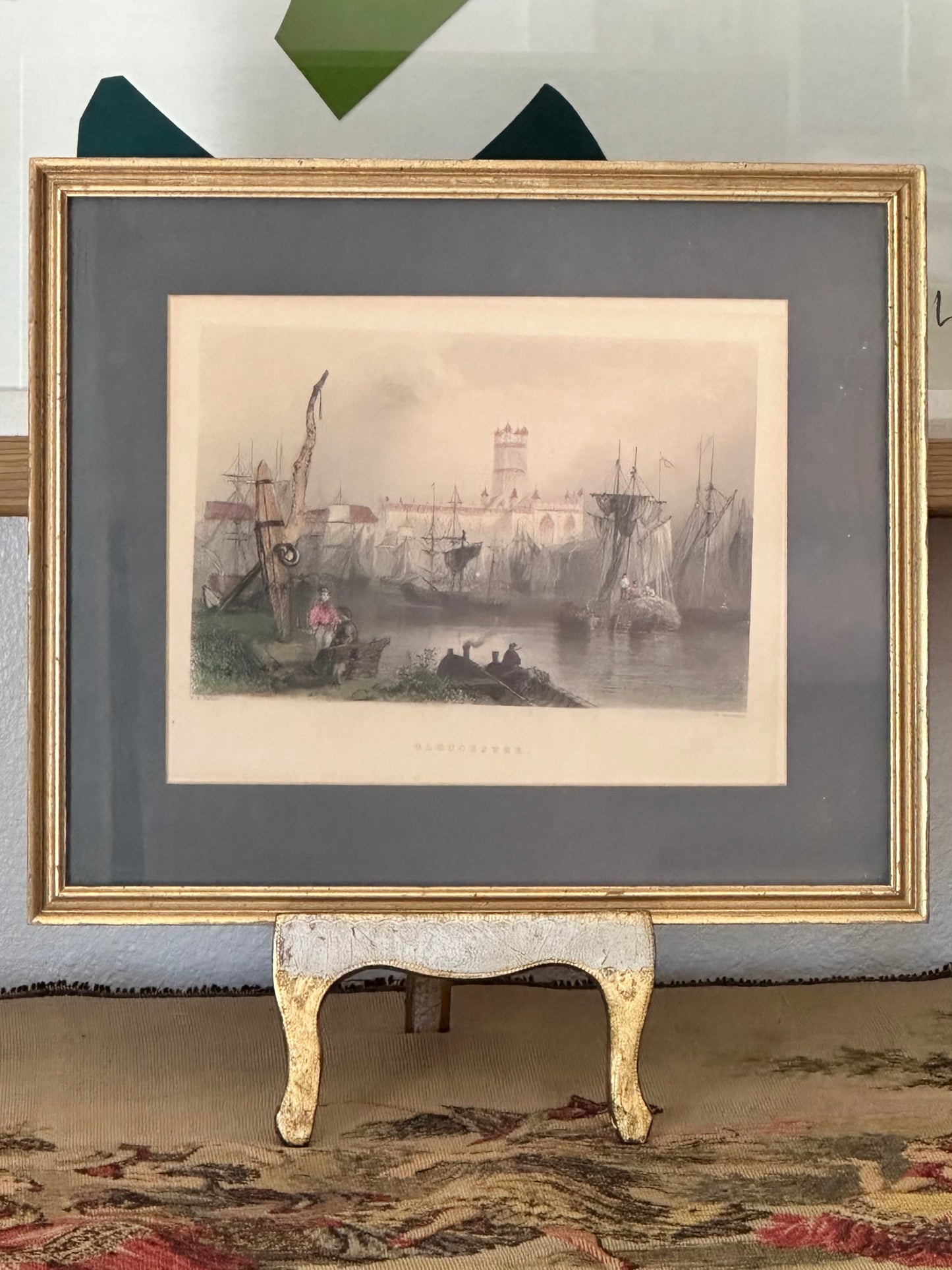 Antique Hand Colored Gloucester Engraving Pink Tones Blue Mat Bartlett