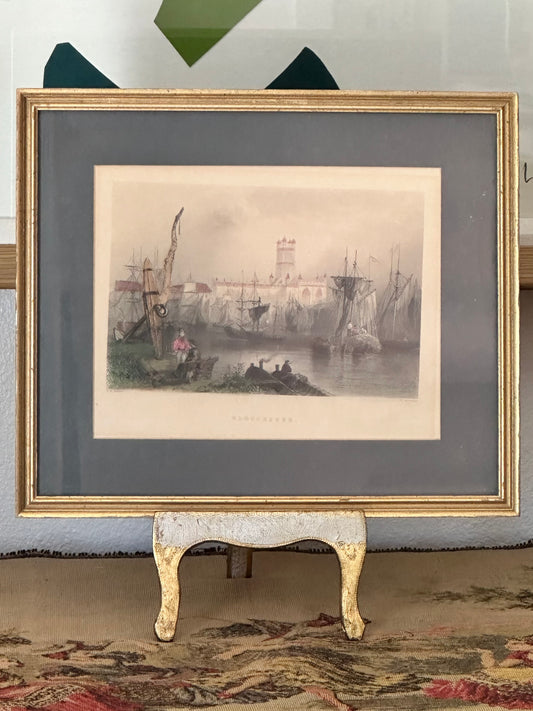Antique Hand Colored Gloucester Engraving Pink Tones Blue Mat Bartlett