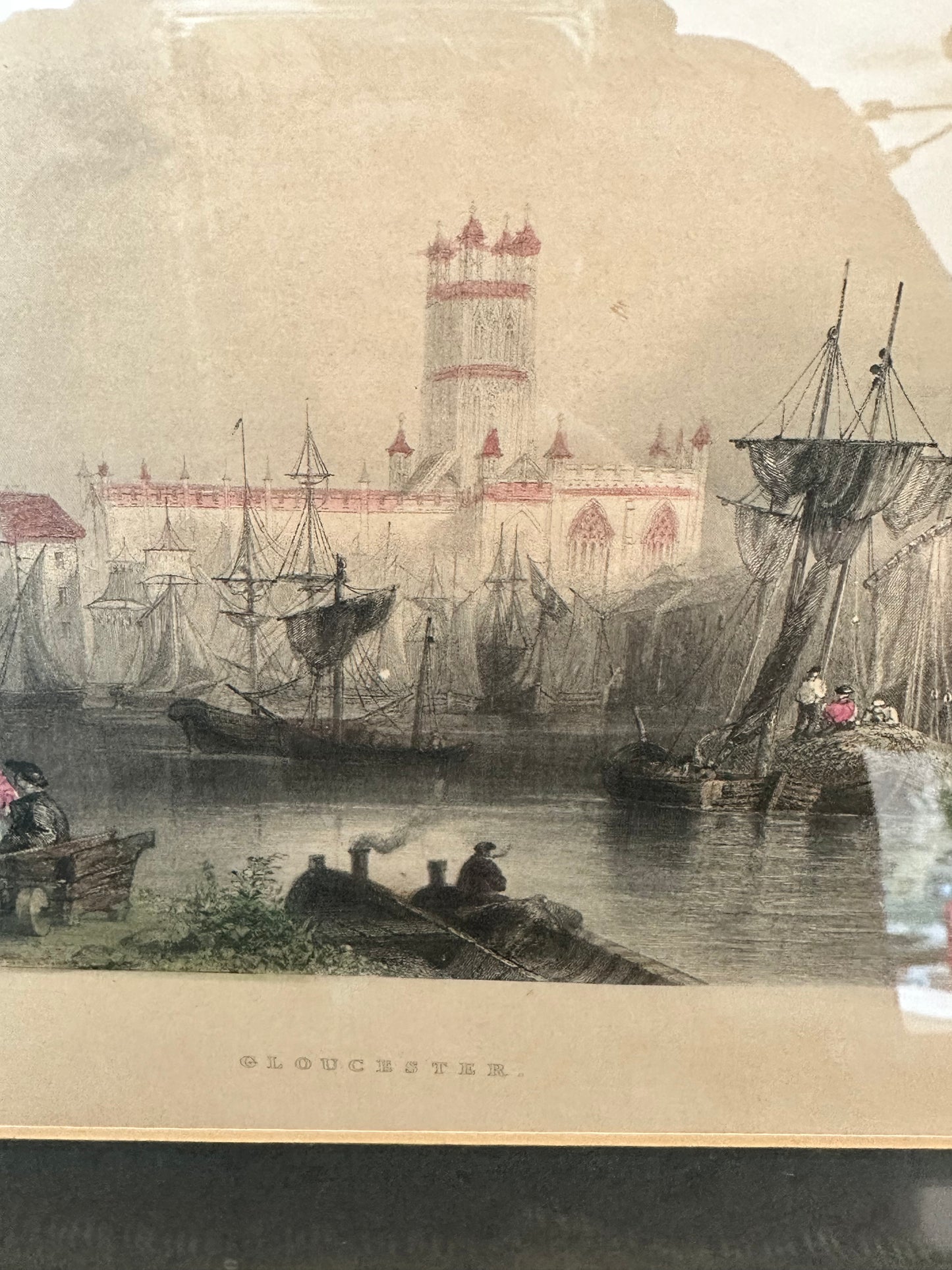 Antique Hand Colored Gloucester Engraving Pink Tones Blue Mat Bartlett