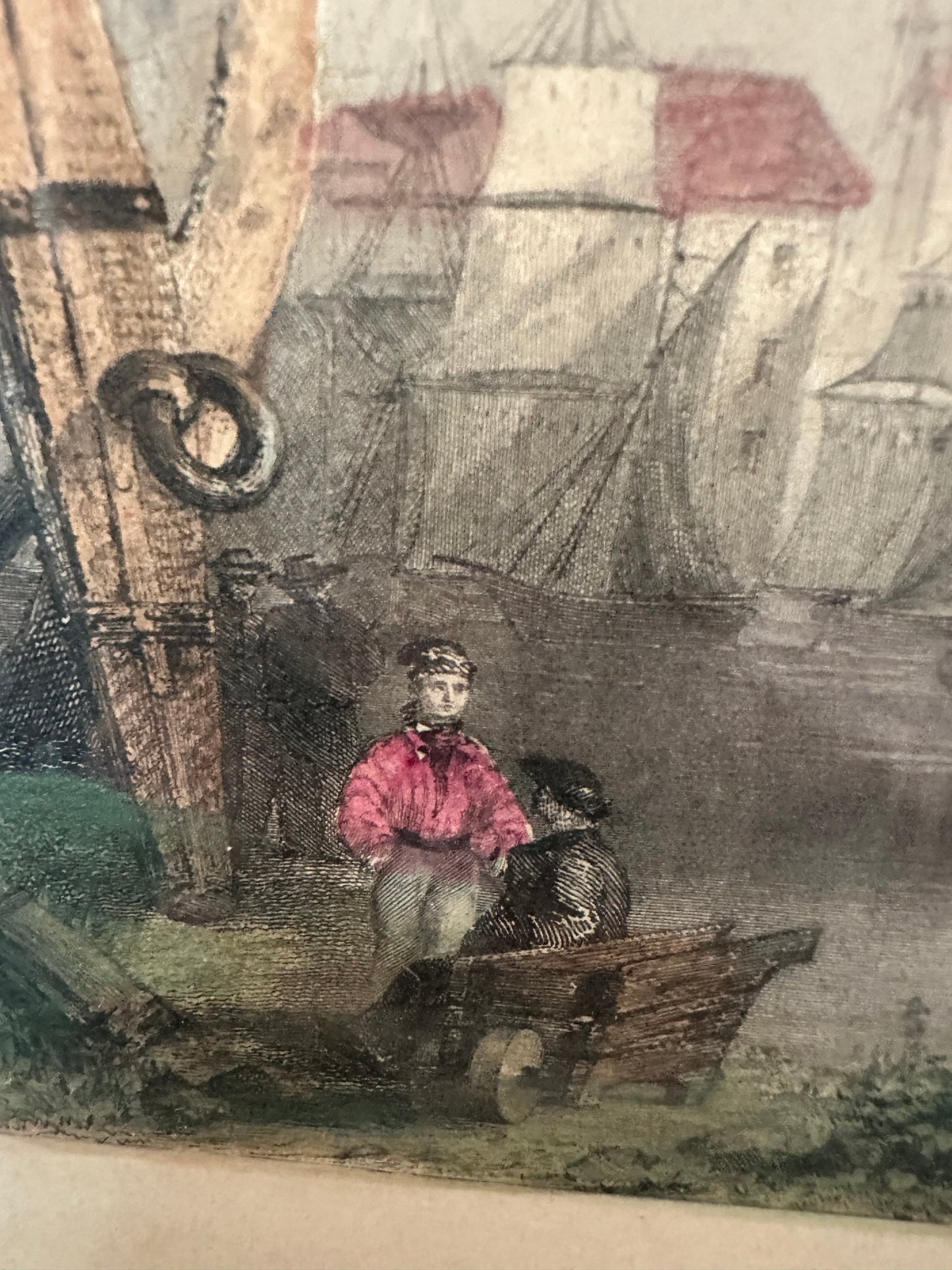 Antique Hand Colored Gloucester Engraving Pink Tones Blue Mat Bartlett