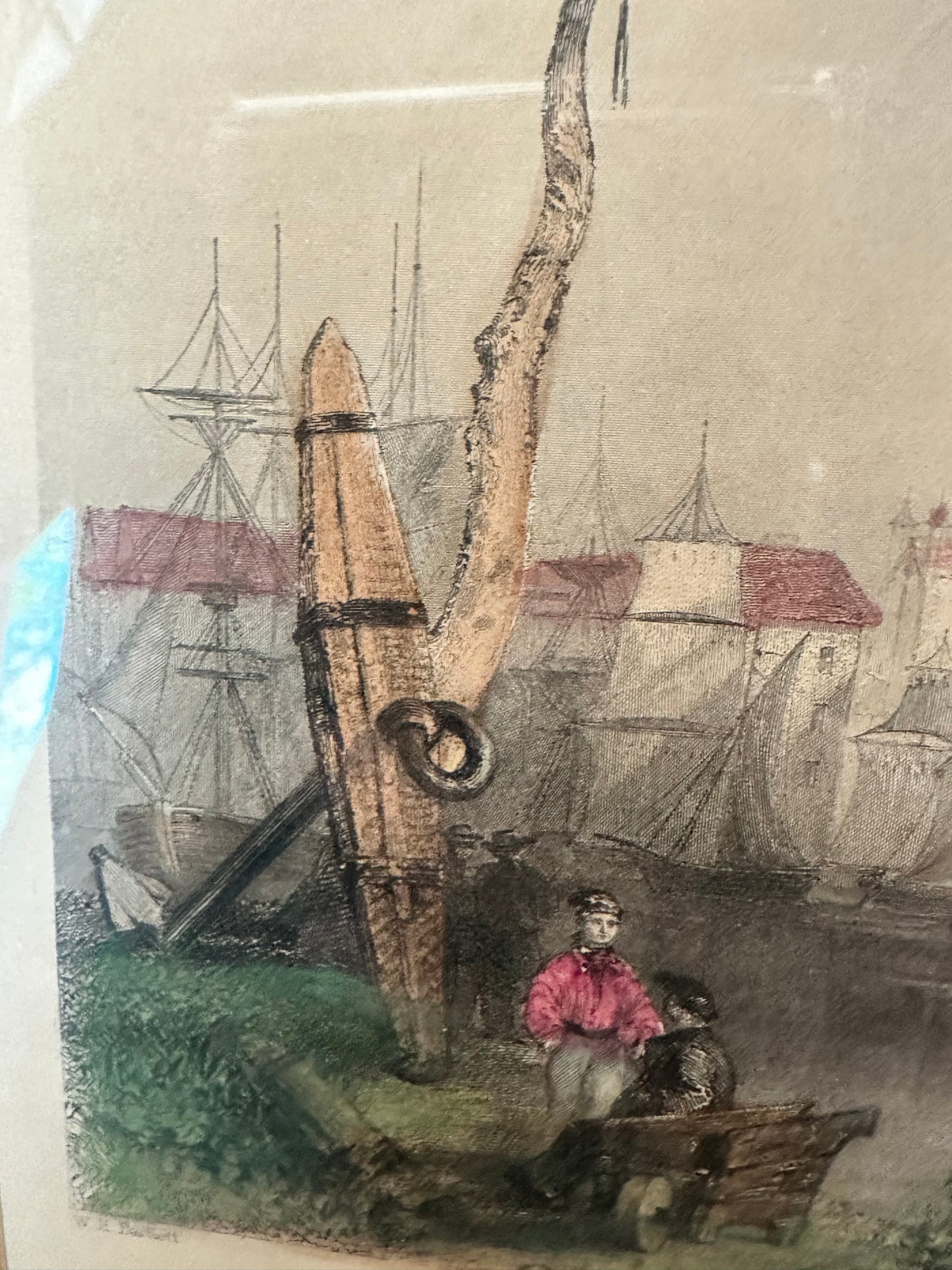 Antique Hand Colored Gloucester Engraving Pink Tones Blue Mat Bartlett