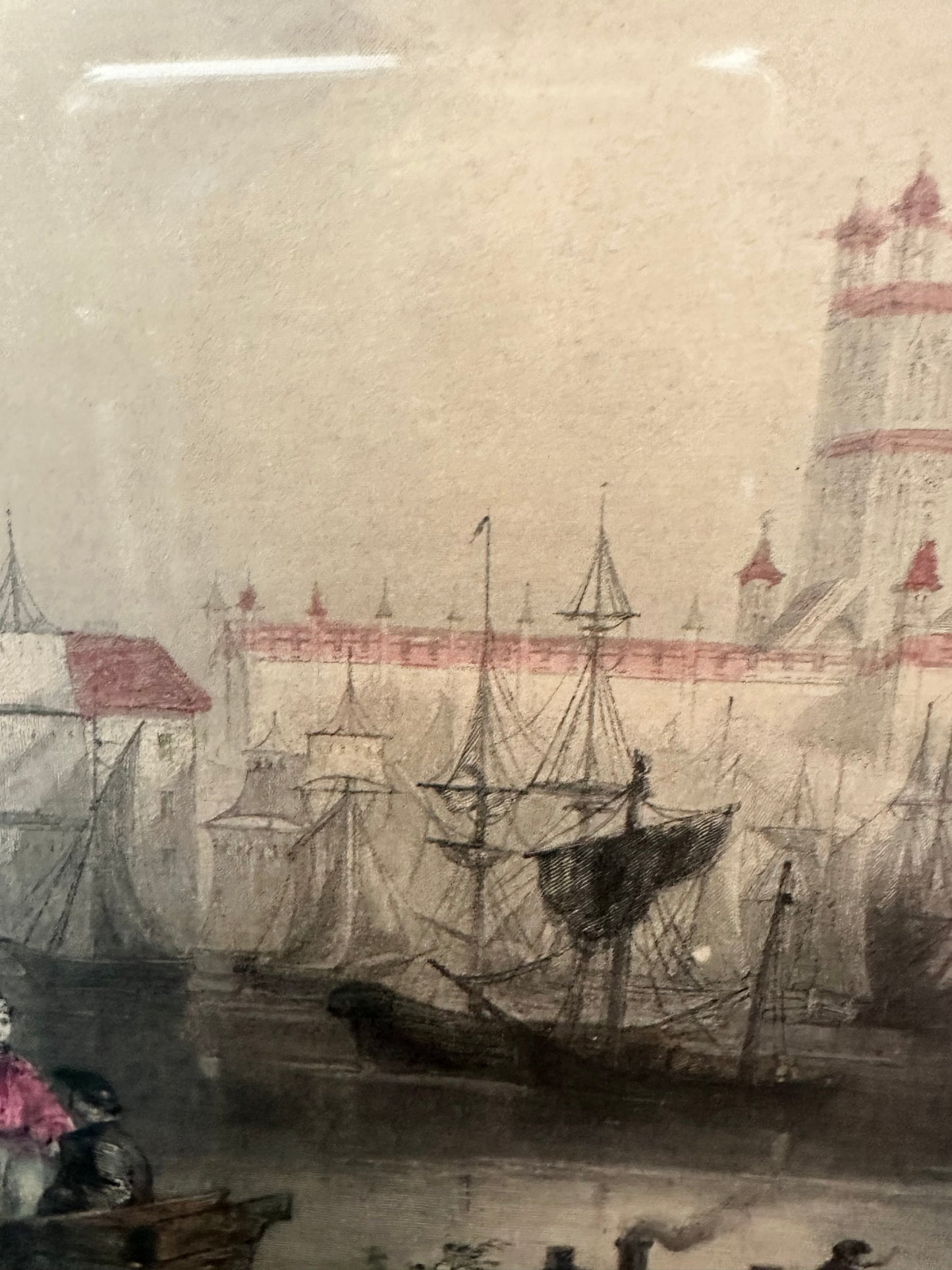 Antique Hand Colored Gloucester Engraving Pink Tones Blue Mat Bartlett