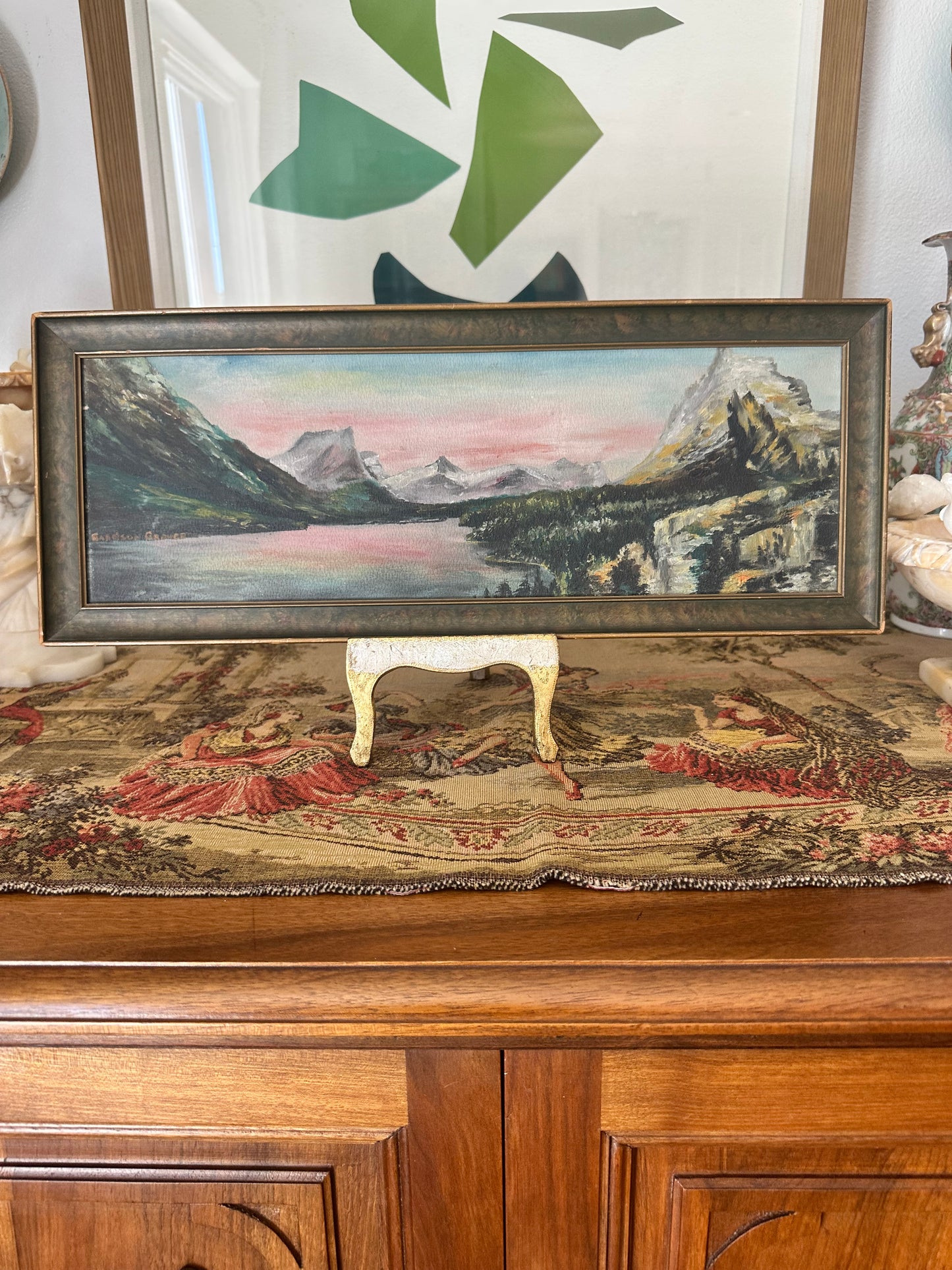 Vintage Panoramic Mountain Landscape Painting Pink Sky Signed Garrison Grover