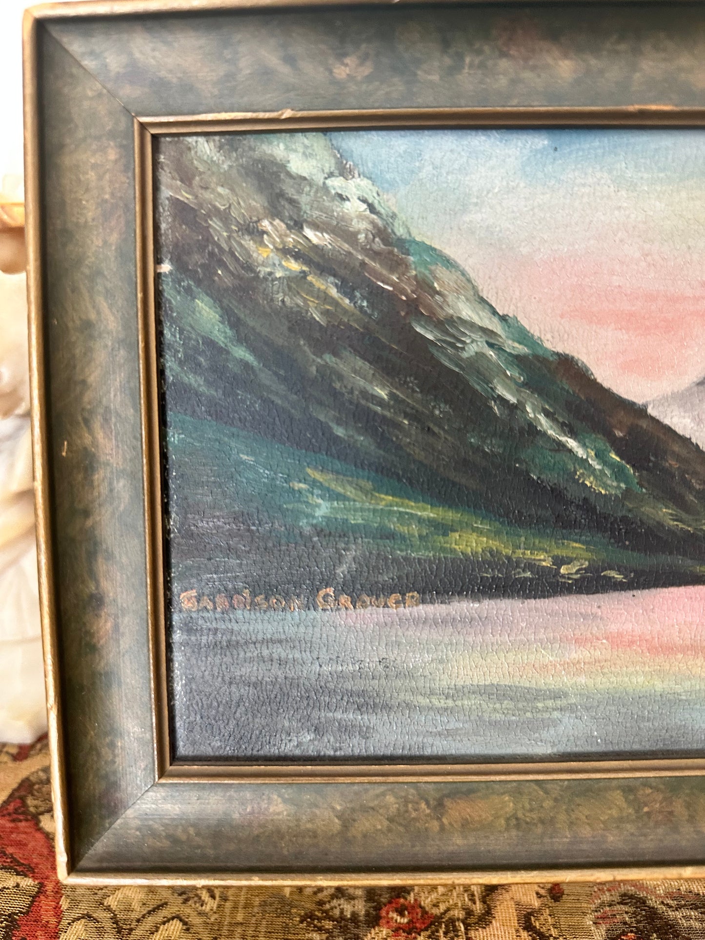 Vintage Panoramic Mountain Landscape Painting Pink Sky Signed Garrison Grover