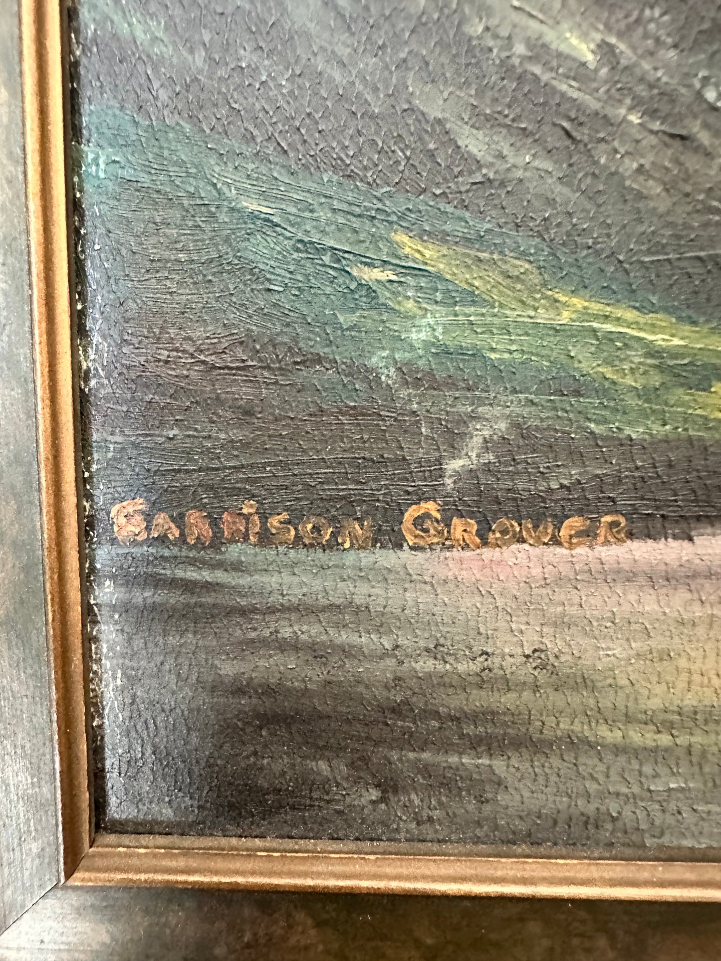 Vintage Panoramic Mountain Landscape Painting Pink Sky Signed Garrison Grover