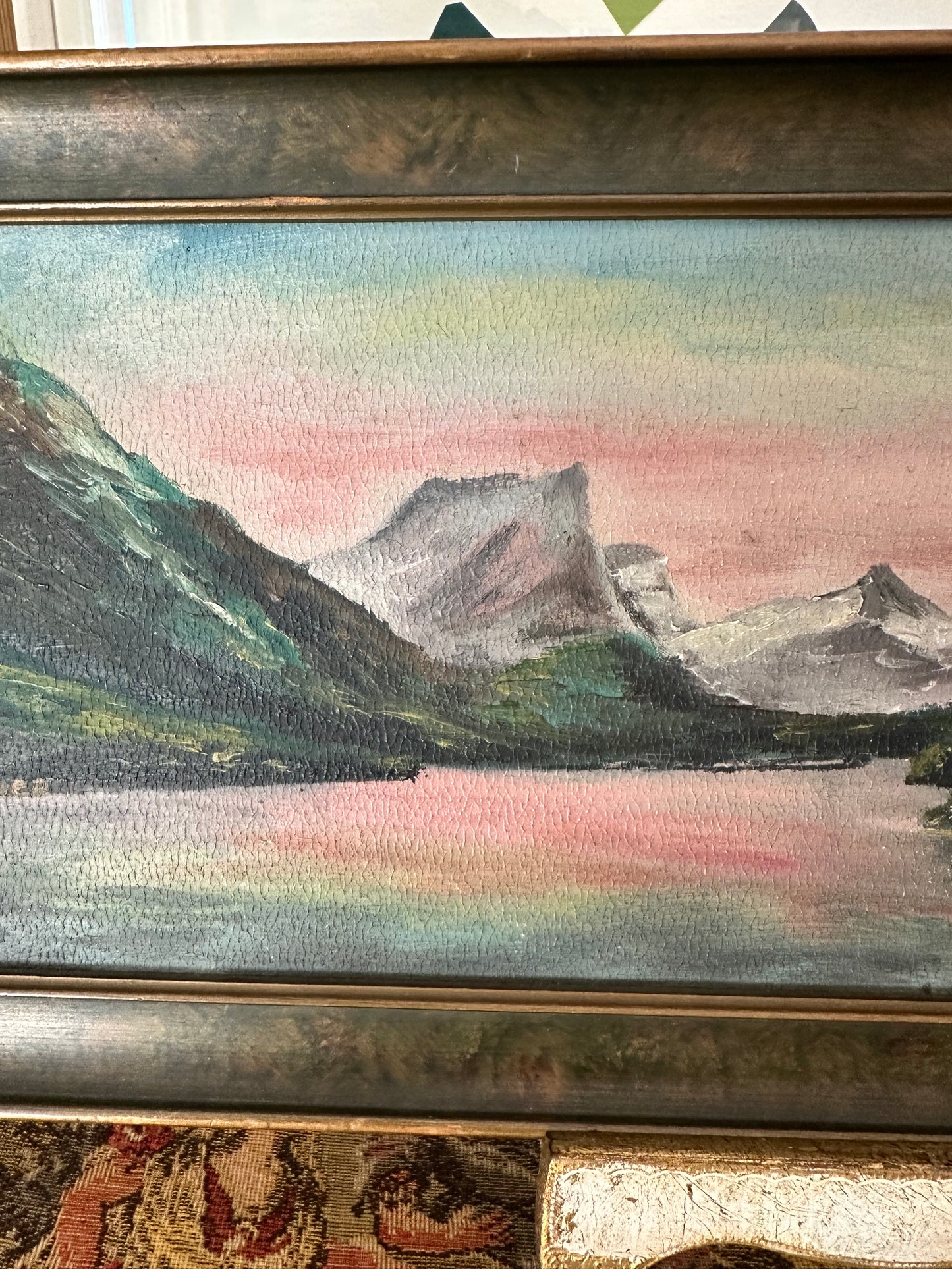 Vintage Panoramic Mountain Landscape Painting Pink Sky Signed Garrison Grover