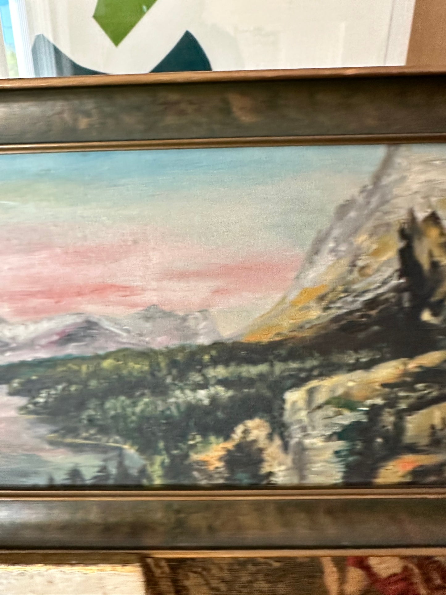 Vintage Panoramic Mountain Landscape Painting Pink Sky Signed Garrison Grover