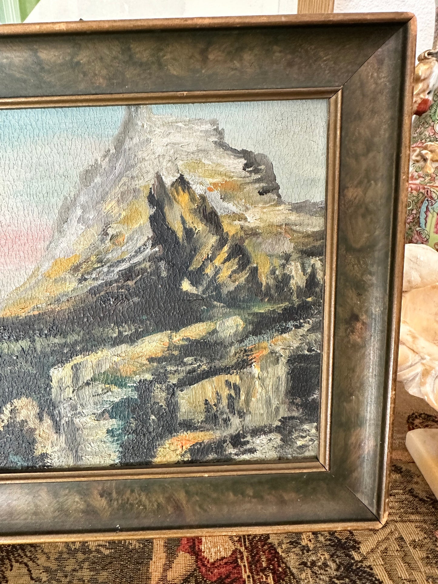 Vintage Panoramic Mountain Landscape Painting Pink Sky Signed Garrison Grover
