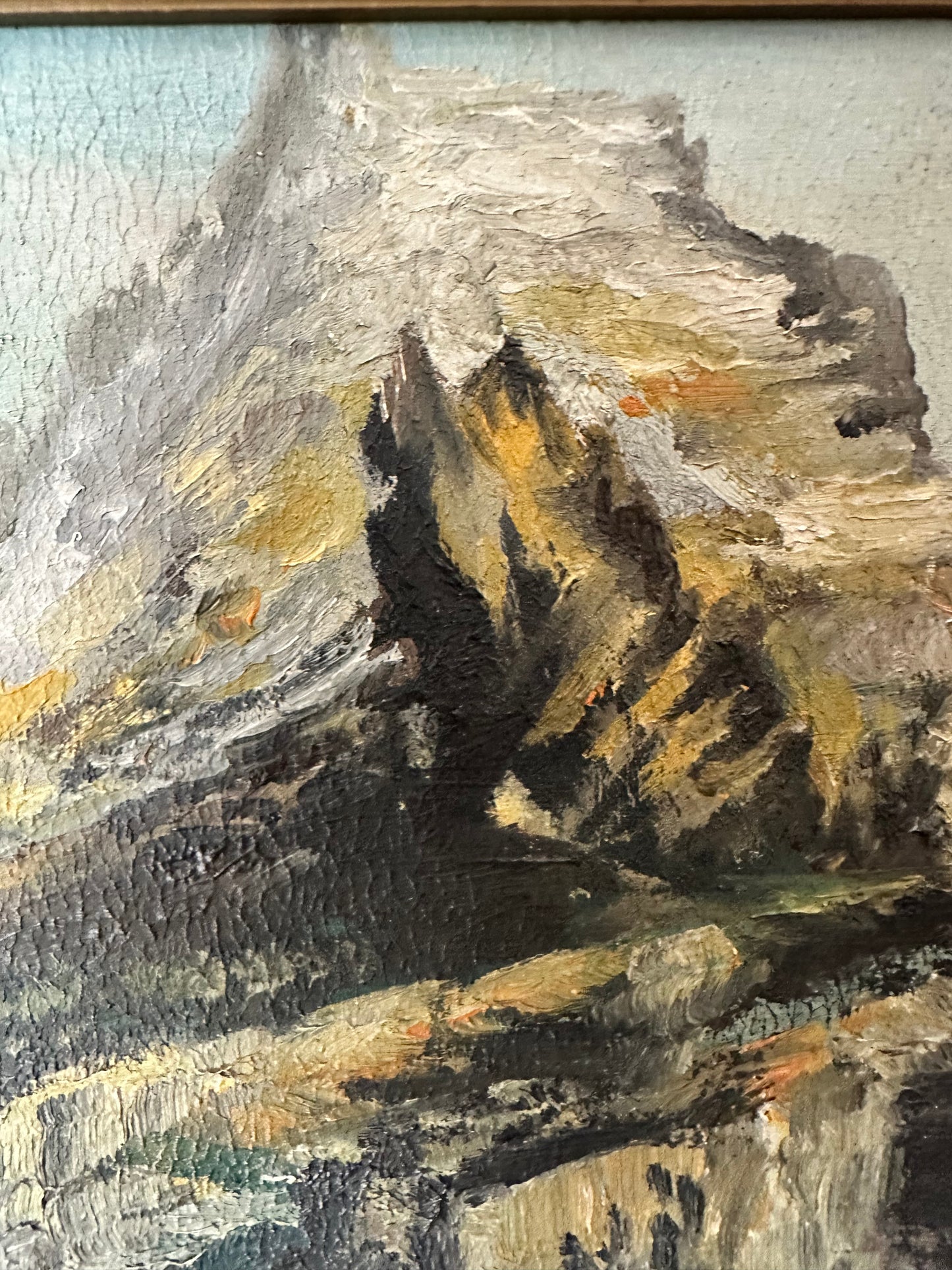 Vintage Panoramic Mountain Landscape Painting Pink Sky Signed Garrison Grover