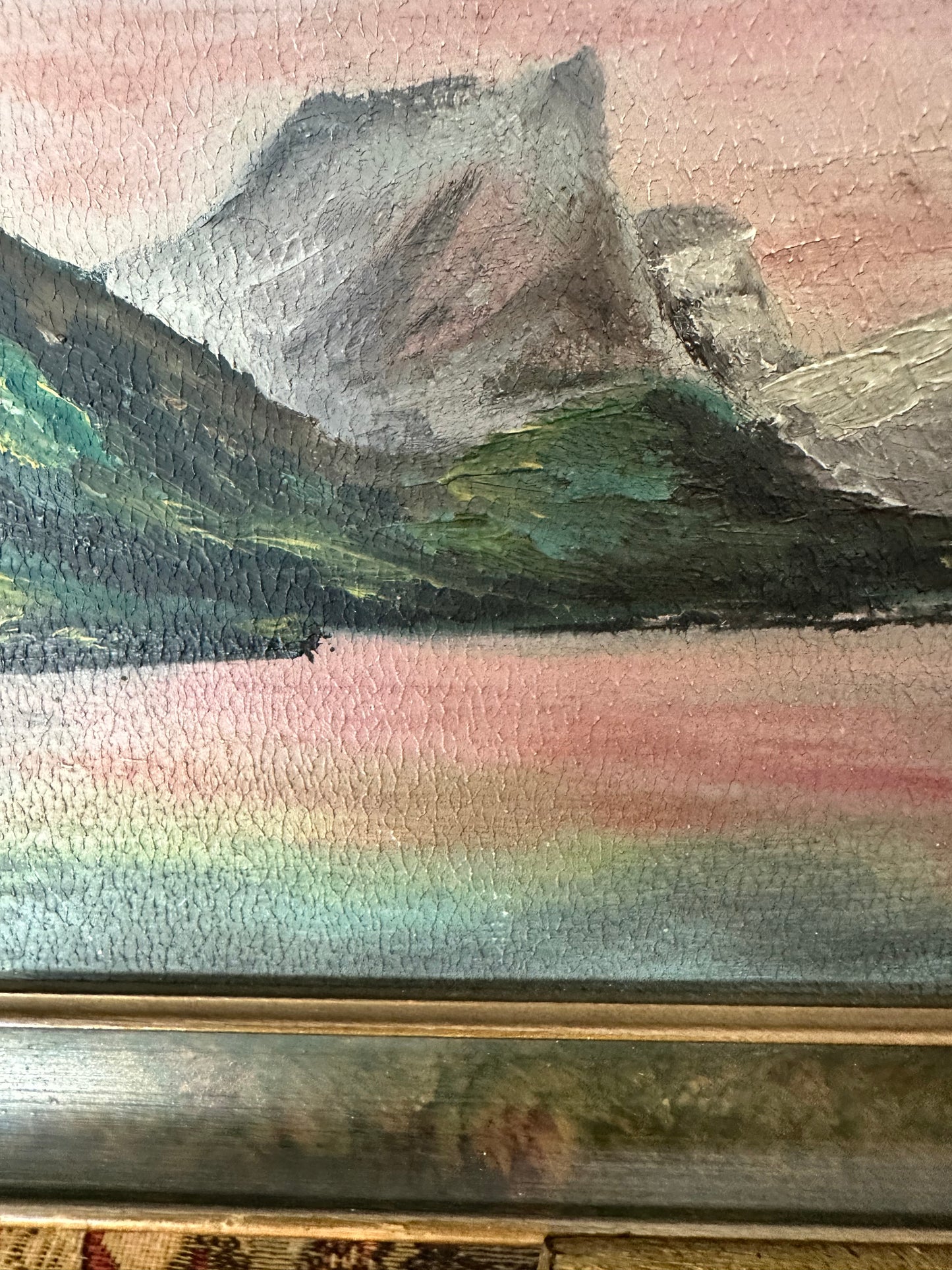Vintage Panoramic Mountain Landscape Painting Pink Sky Signed Garrison Grover