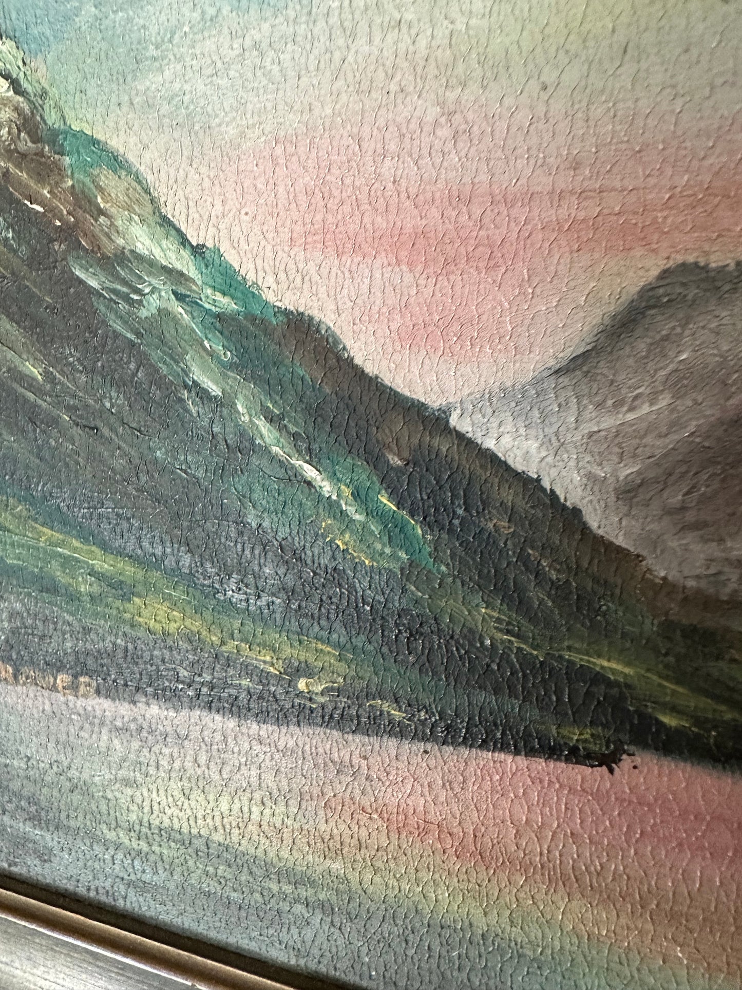 Vintage Panoramic Mountain Landscape Painting Pink Sky Signed Garrison Grover