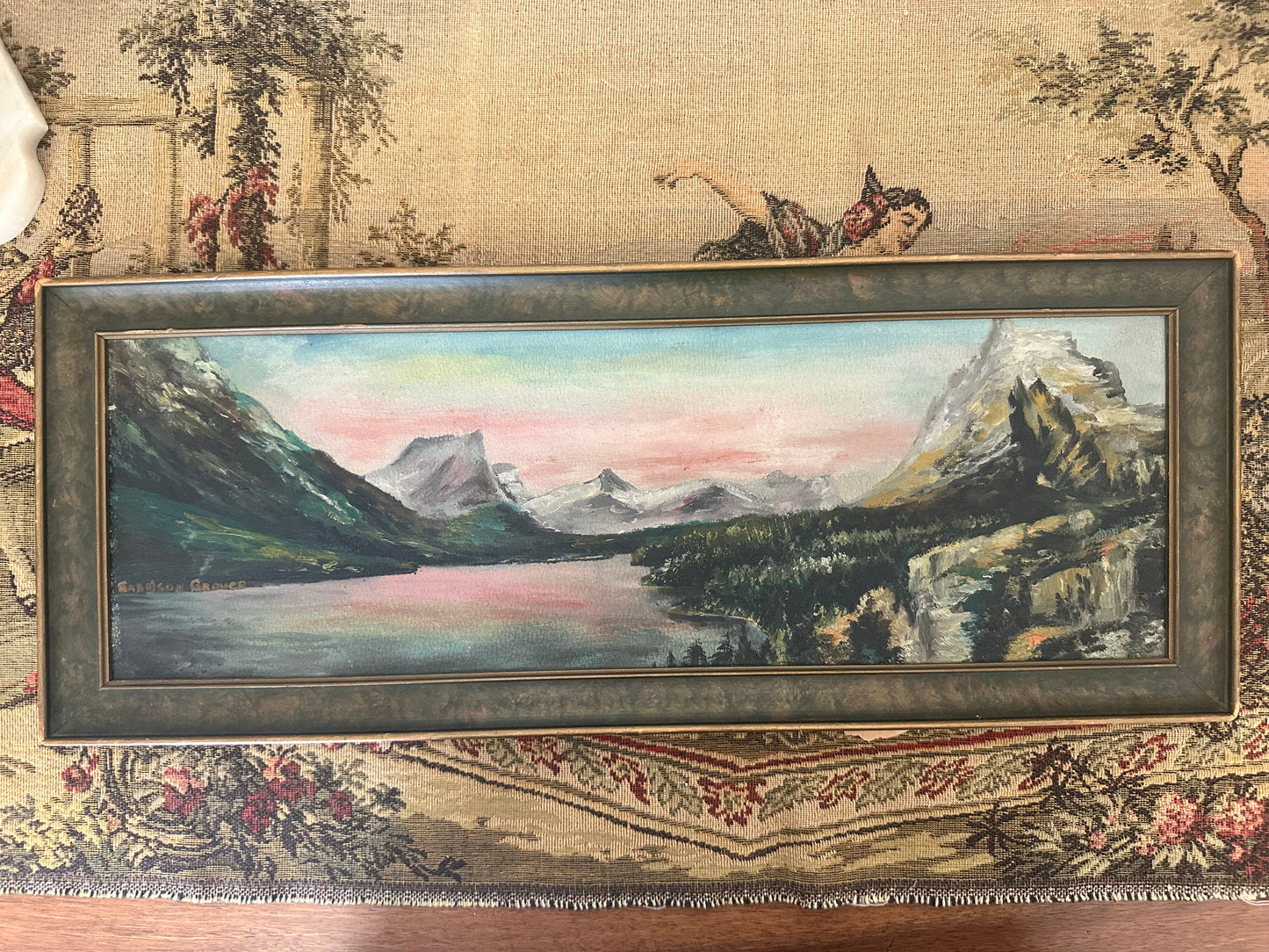 Vintage Panoramic Mountain Landscape Painting Pink Sky Signed Garrison Grover