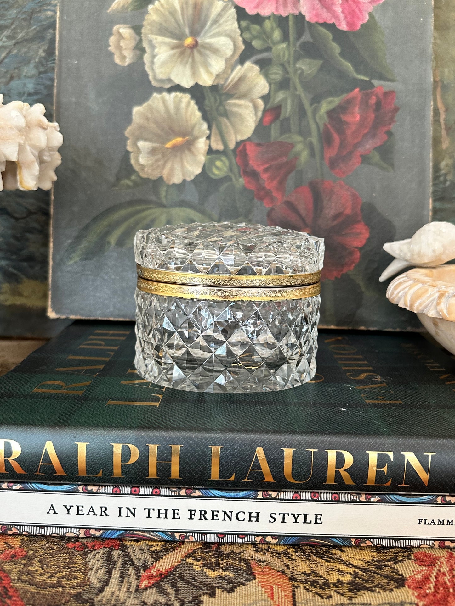 Antique Baccarat Style Cut Crystal Hinged Box with Gilt Brass Mount