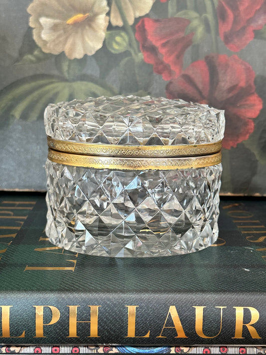 Antique Baccarat Style Cut Crystal Hinged Box with Gilt Brass Mount