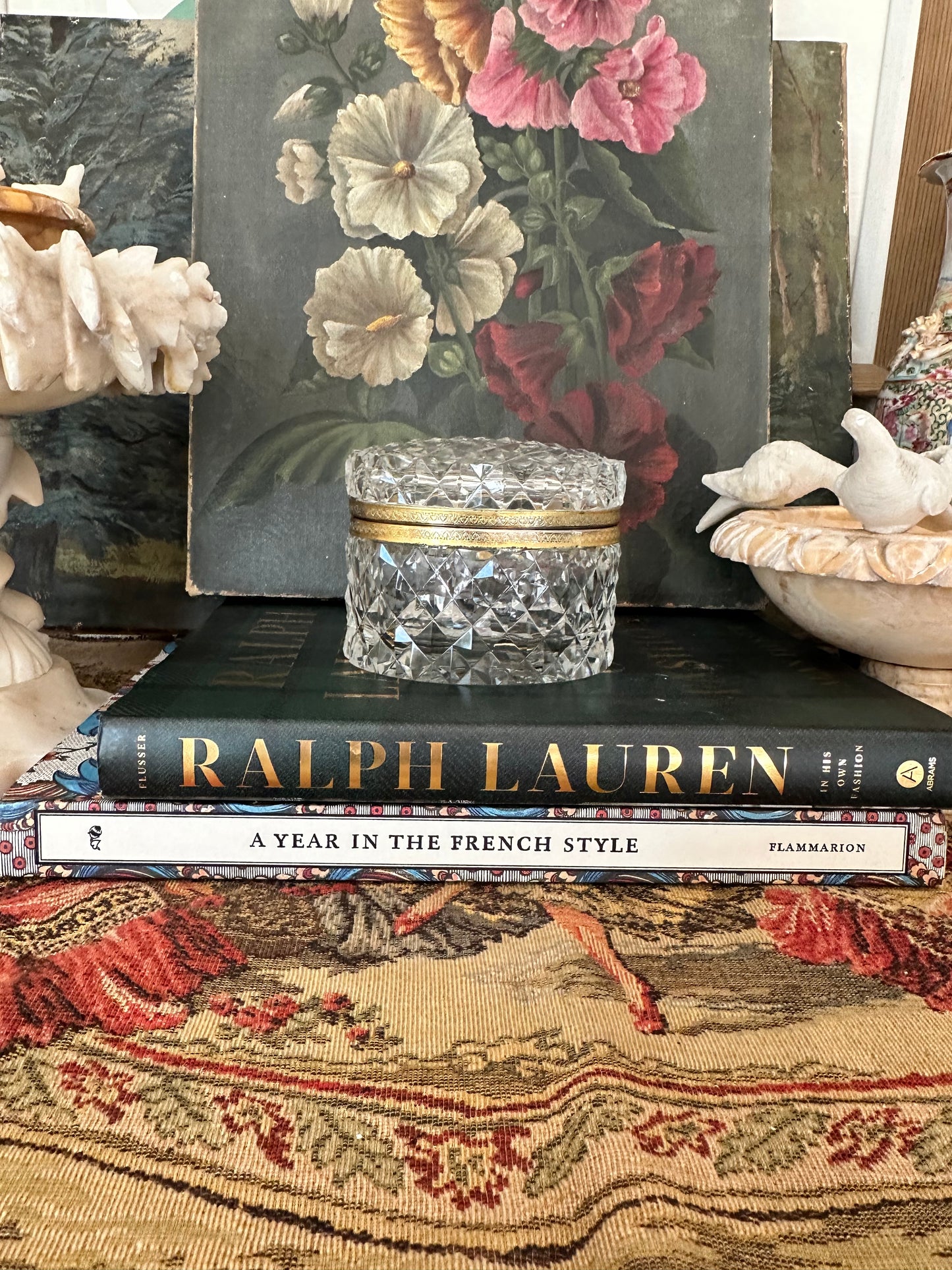 Antique Baccarat Style Cut Crystal Hinged Box with Gilt Brass Mount