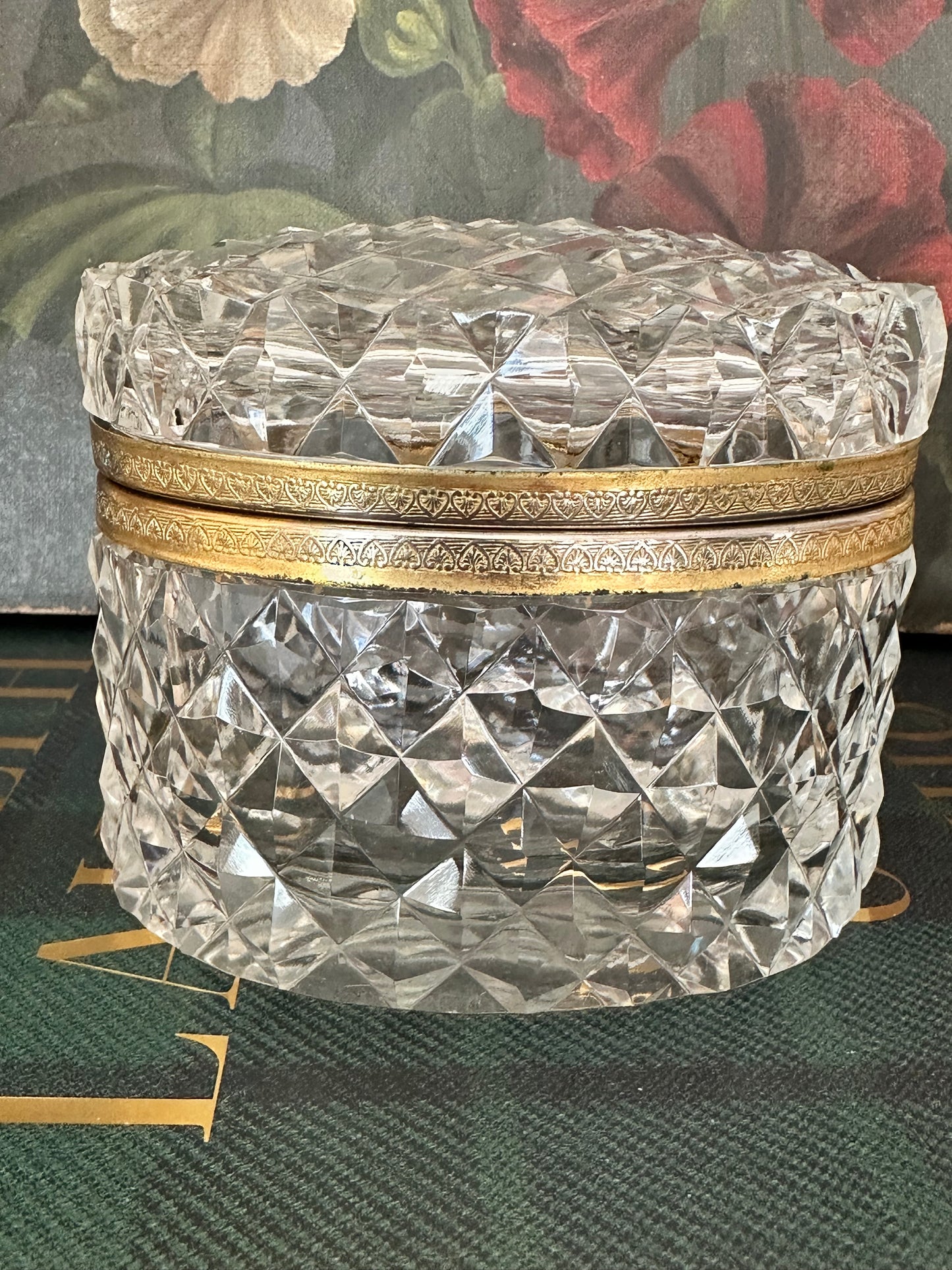 Antique Baccarat Style Cut Crystal Hinged Box with Gilt Brass Mount