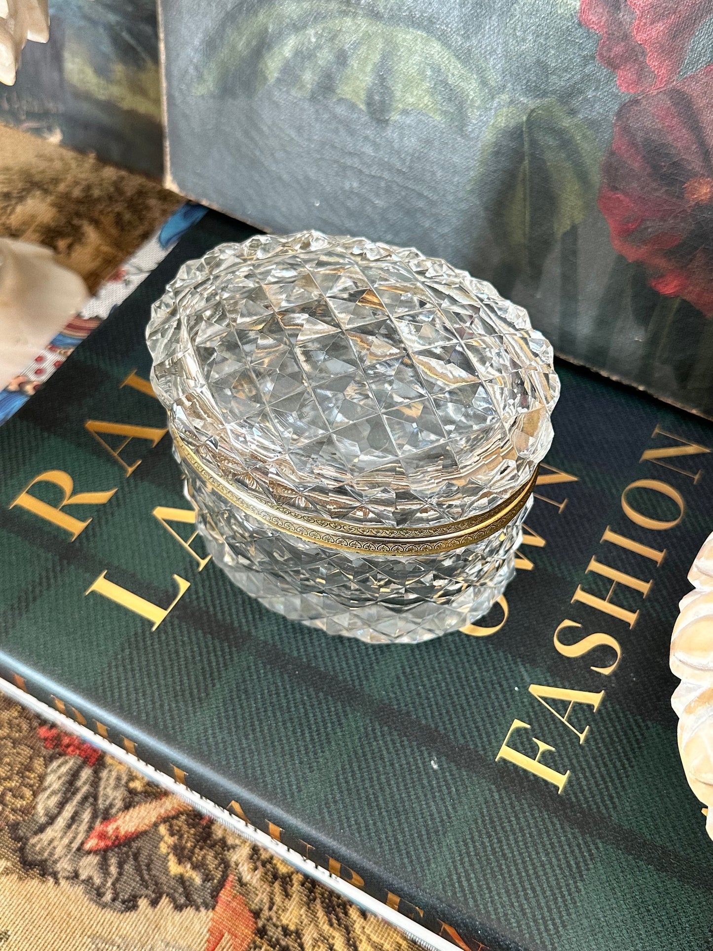 Antique Baccarat Style Cut Crystal Hinged Box with Gilt Brass Mount