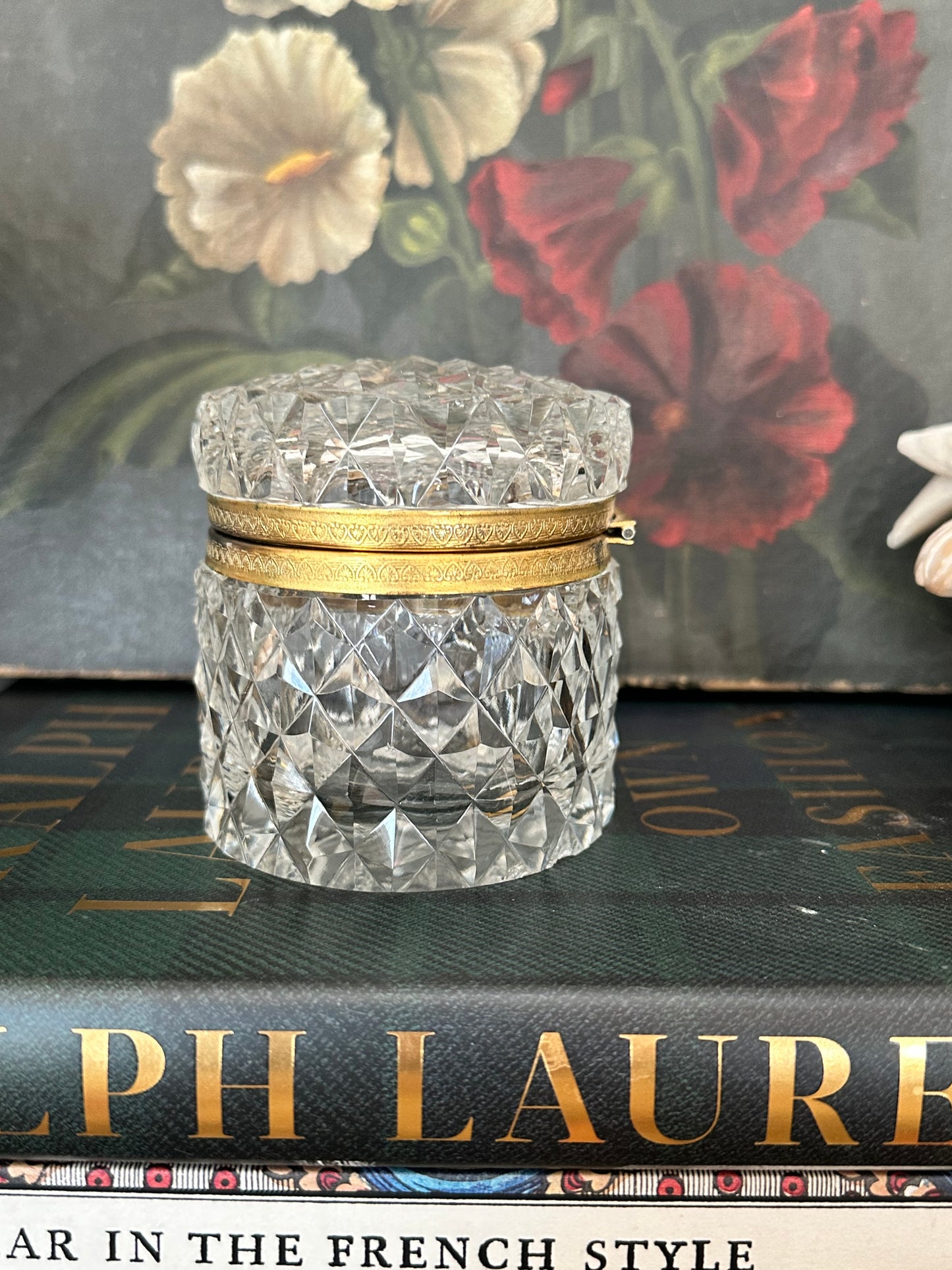 Antique Baccarat Style Cut Crystal Hinged Box with Gilt Brass Mount