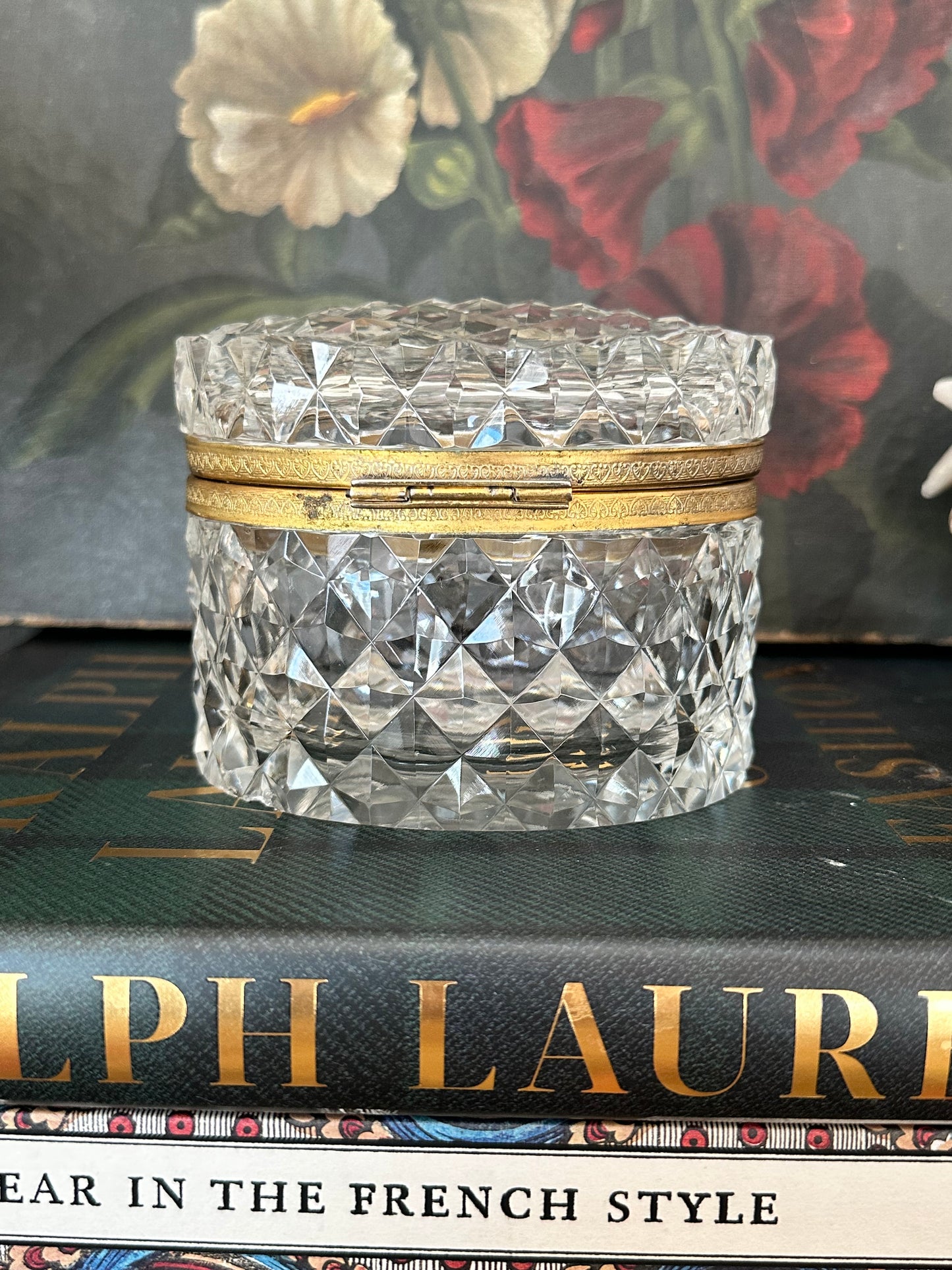 Antique Baccarat Style Cut Crystal Hinged Box with Gilt Brass Mount