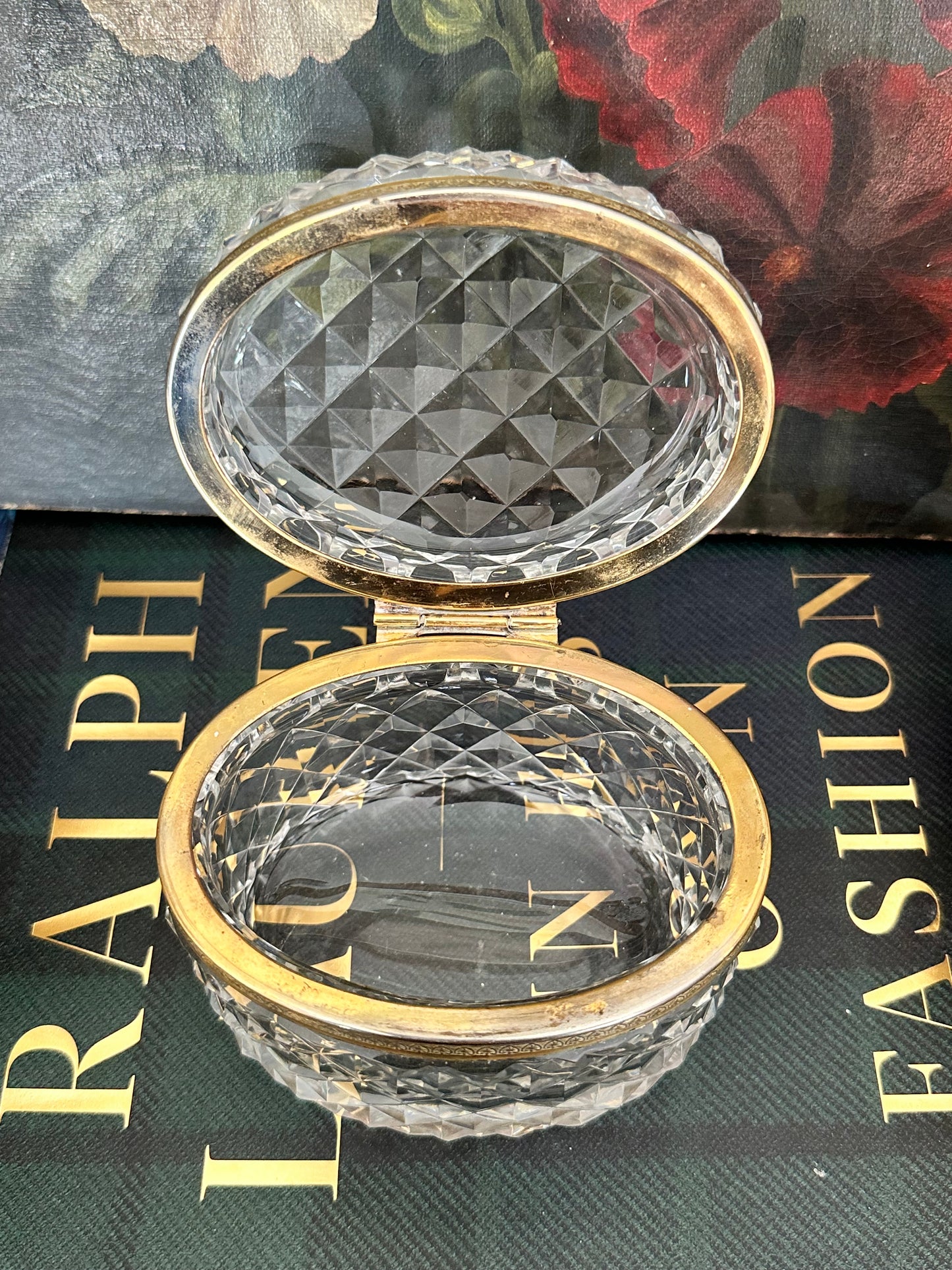 Antique Baccarat Style Cut Crystal Hinged Box with Gilt Brass Mount