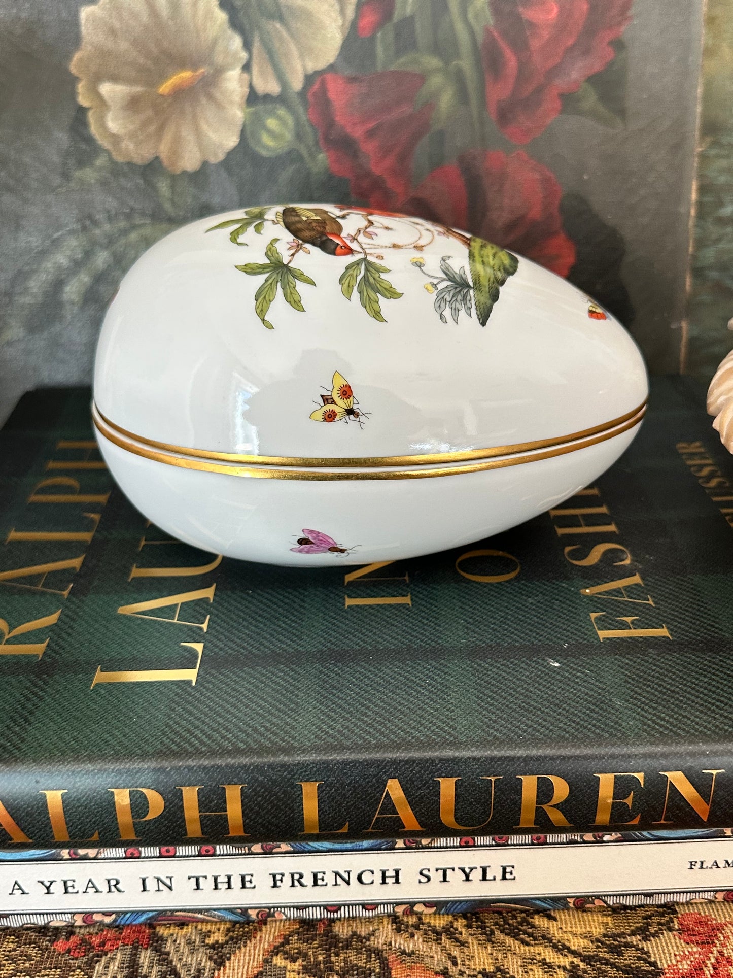 Herend Hungary Porcelain Lidded Bonbon Dish Birds Oval Box Hand Painted Trinket Box