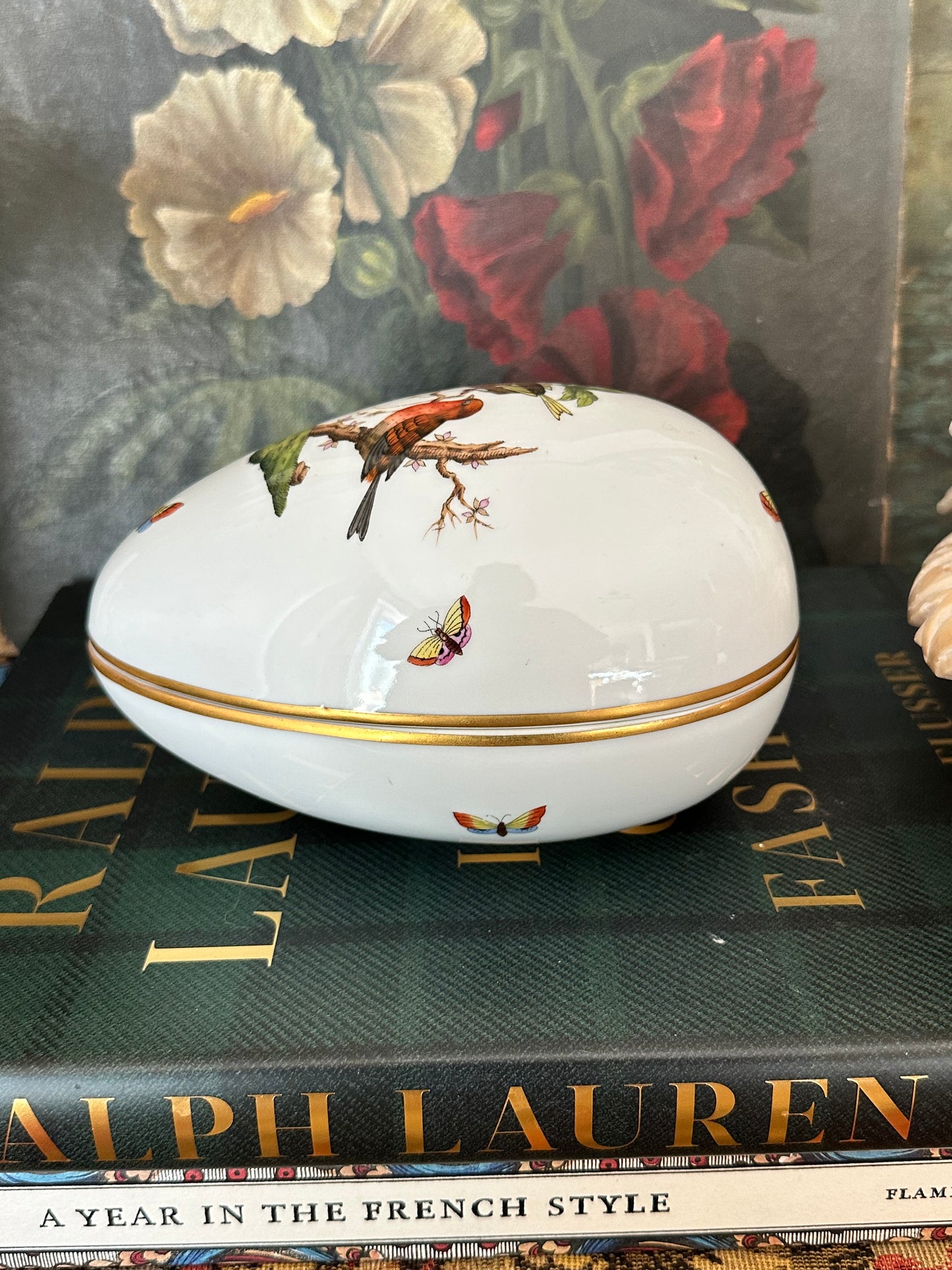 Herend Hungary Porcelain Lidded Bonbon Dish Birds Oval Box Hand Painted Trinket Box