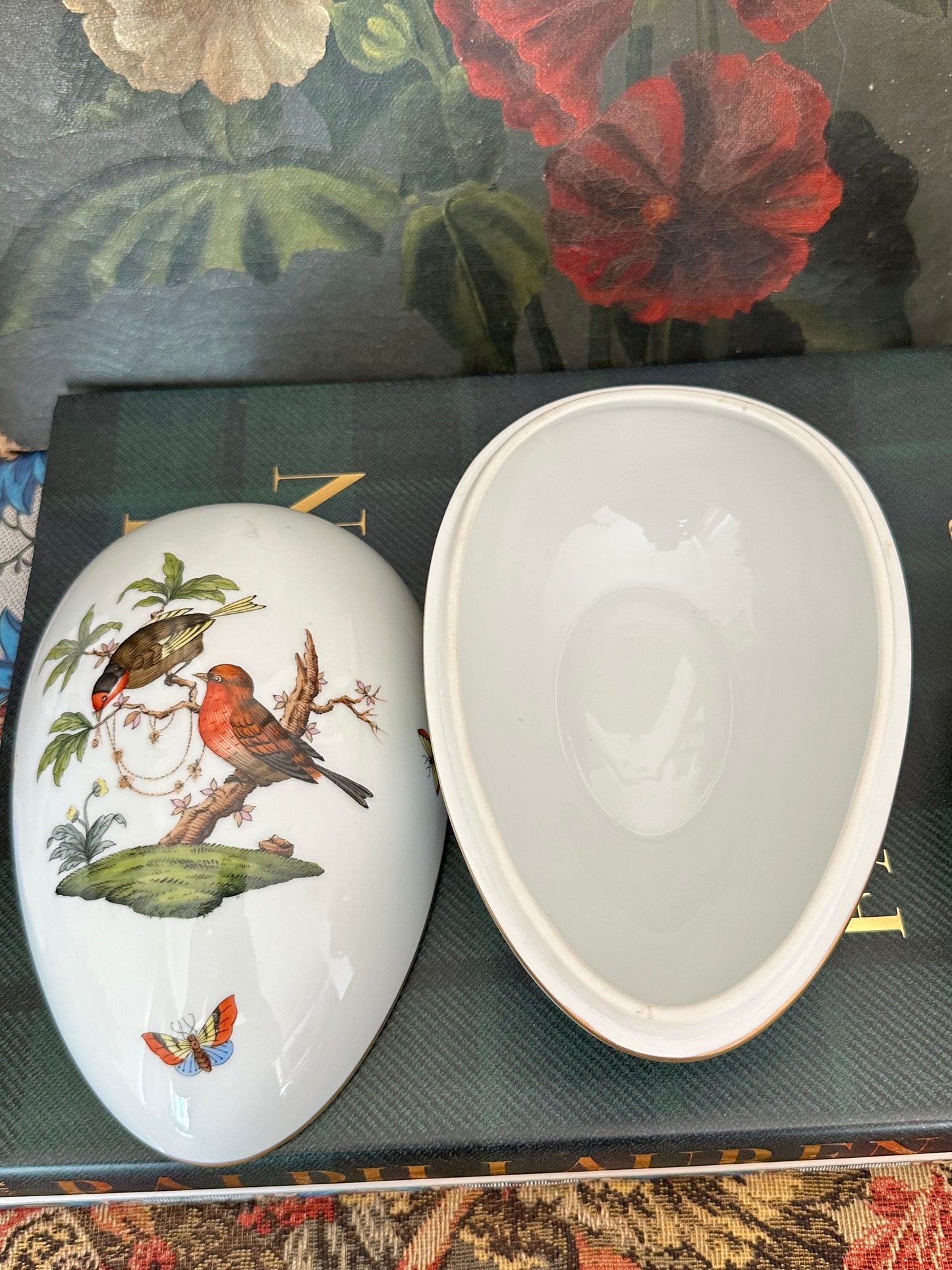 Herend Hungary Porcelain Lidded Bonbon Dish Birds Oval Box Hand Painted Trinket Box