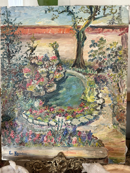 French Garden Oil Painting Signed E. Kerscher Impressionist Landscape