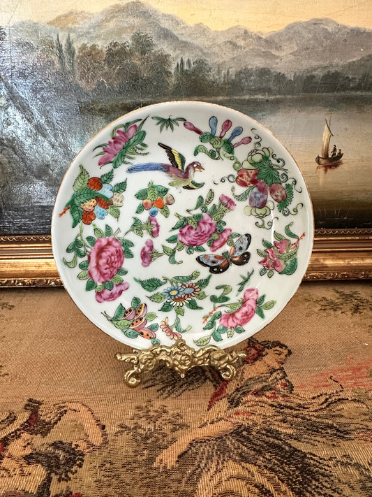 Antique Famille Rose Canton Plate 5.75" White Ground Butterfly Bird Chinese Export Porcelain