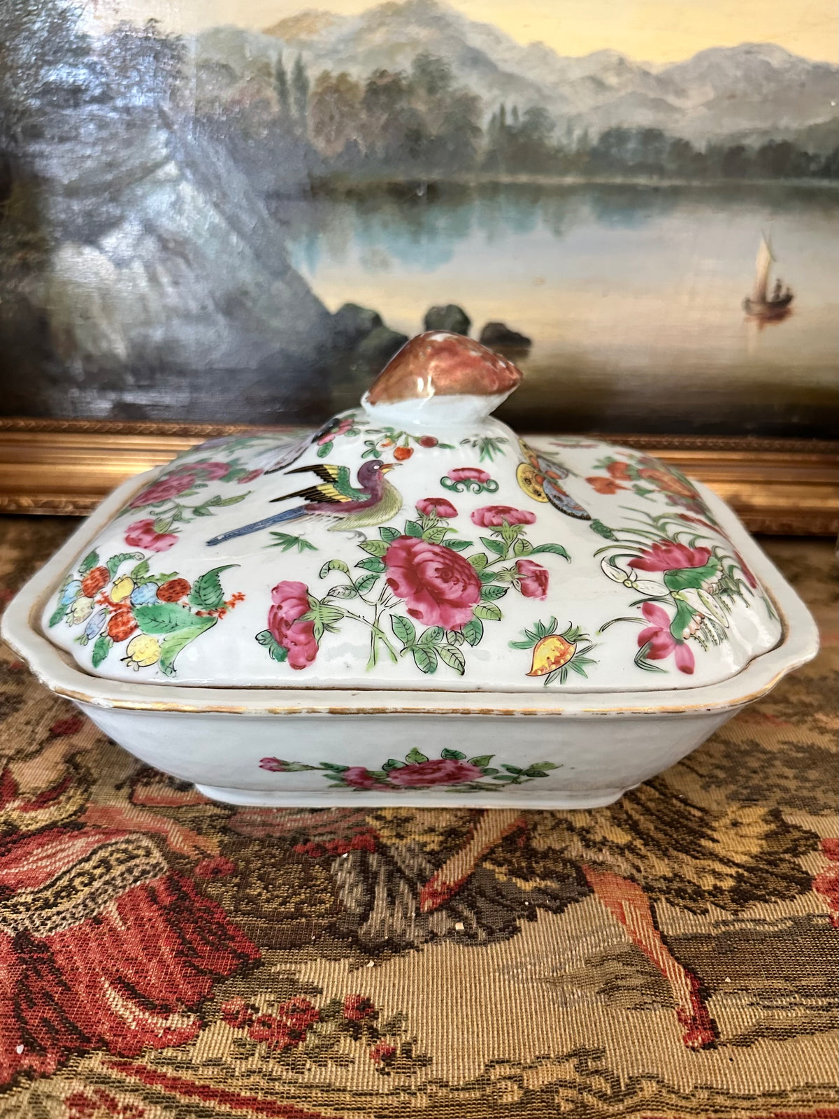 Antique Famille Rose Canton Lidded Tureen White Ground Chinese Export Porcelain