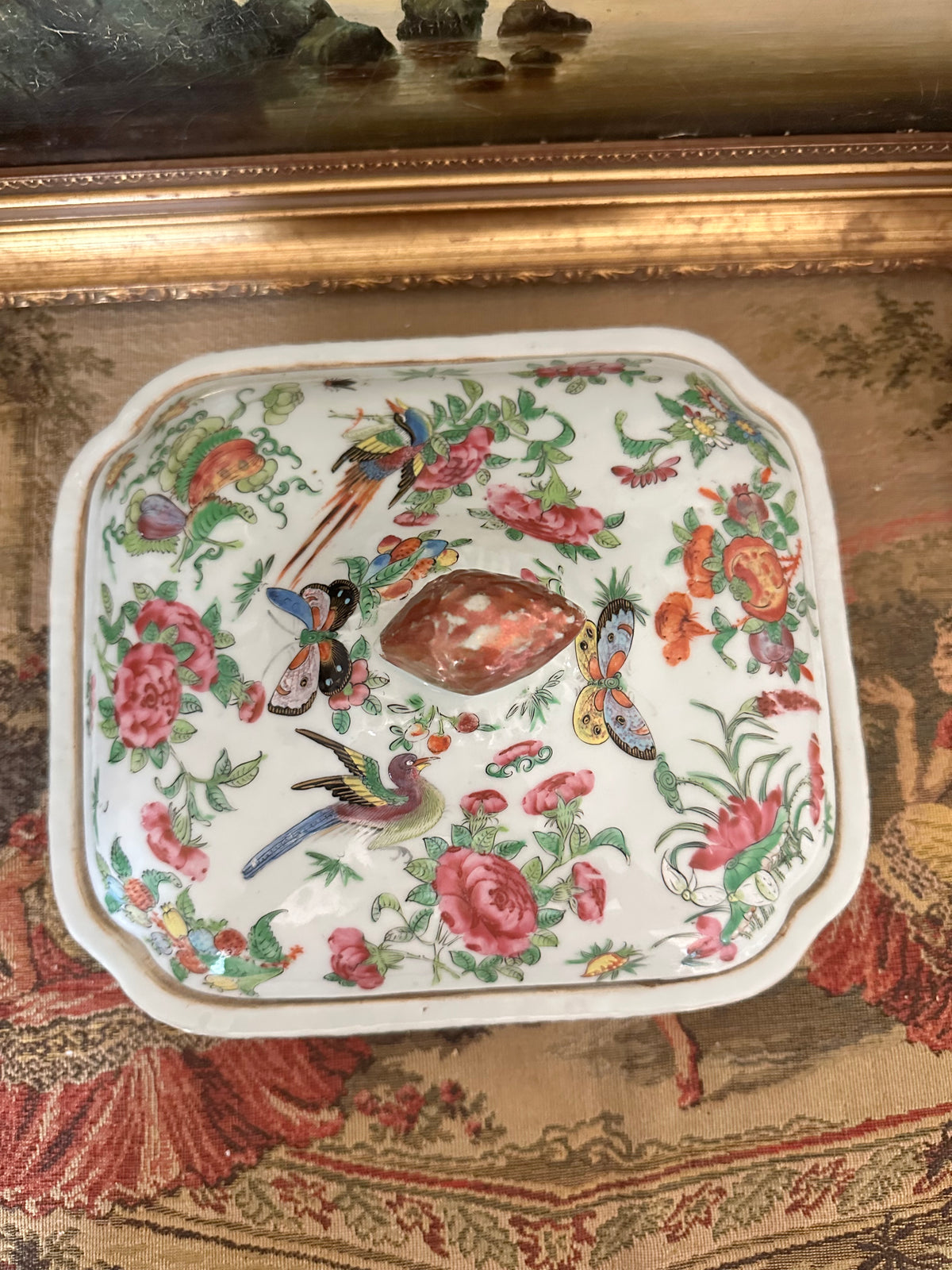 Antique Famille Rose Canton Lidded Tureen White Ground Chinese Export Porcelain