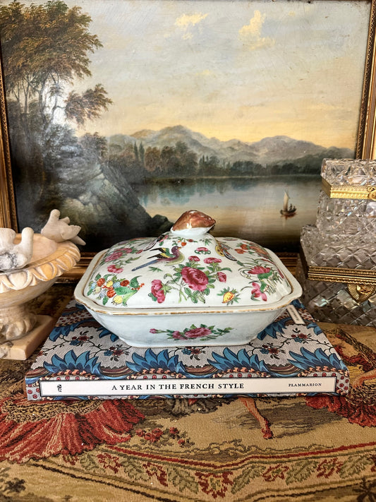 Antique Famille Rose Canton Lidded Tureen White Ground Chinese Export Porcelain