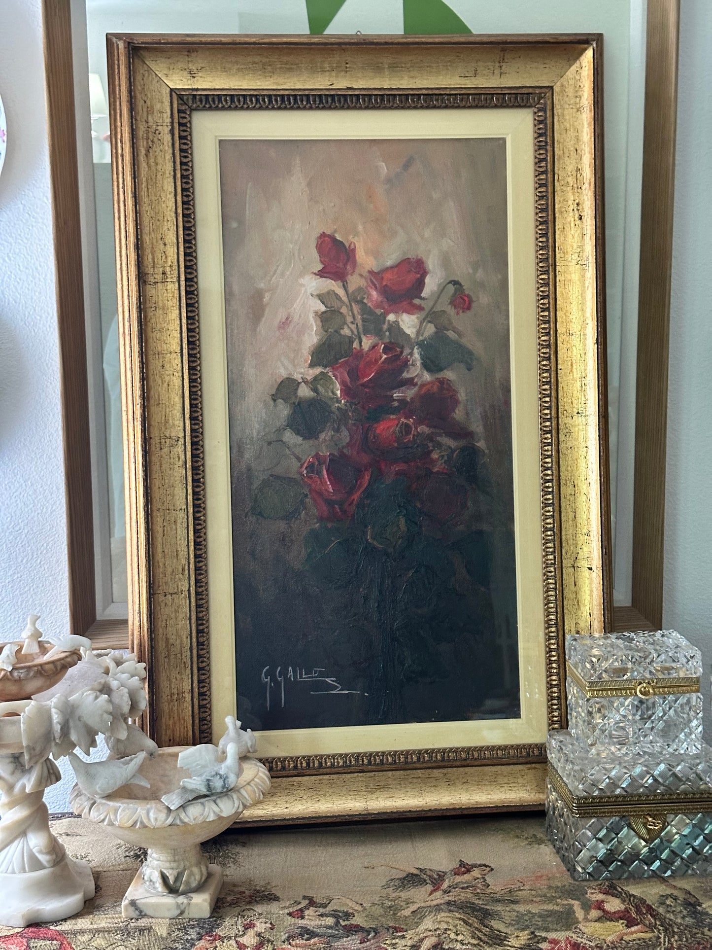 Vintage Italian Oil Painting Red Roses Signed G. Gallo Framed Floral Still Life